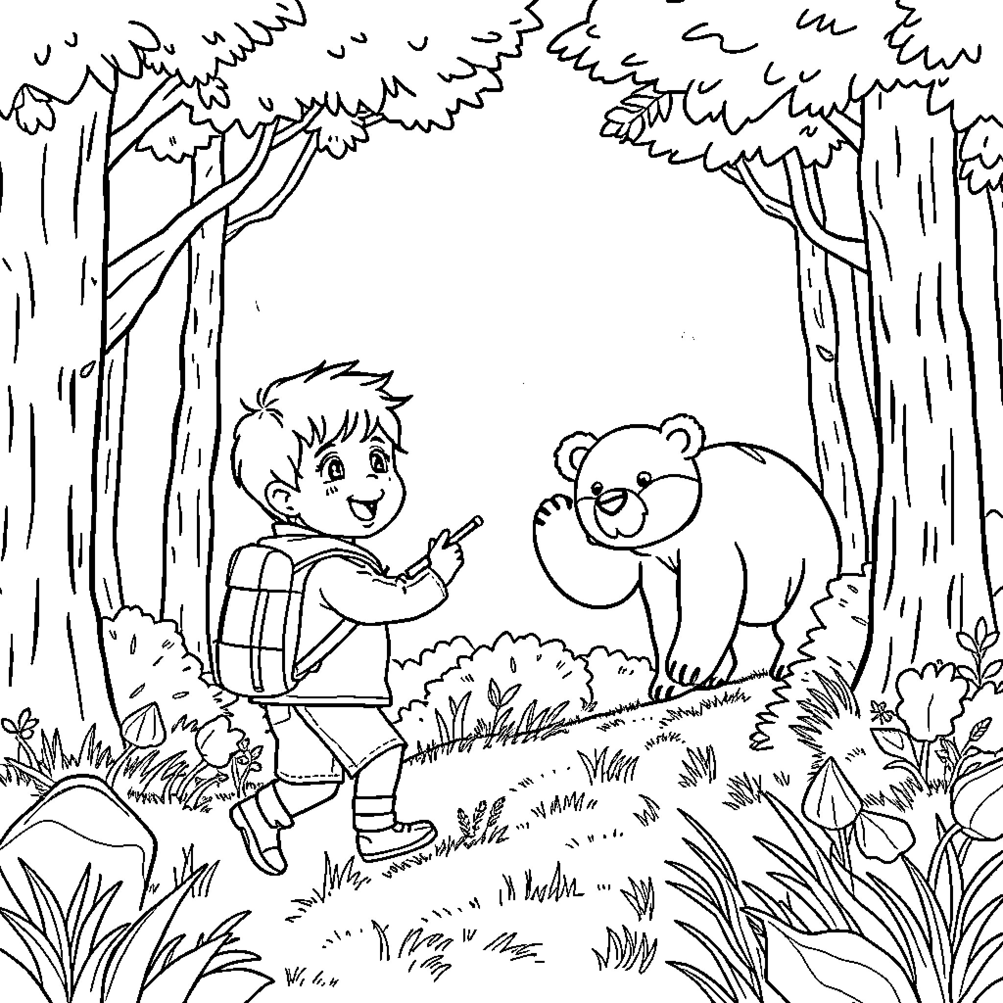 Boy exploring the forest with a teddy bear Coloring Page (free black-and-white line drawing printable PDF for all, from beginners to advanced learners, including children, teens, adults, and seniors)