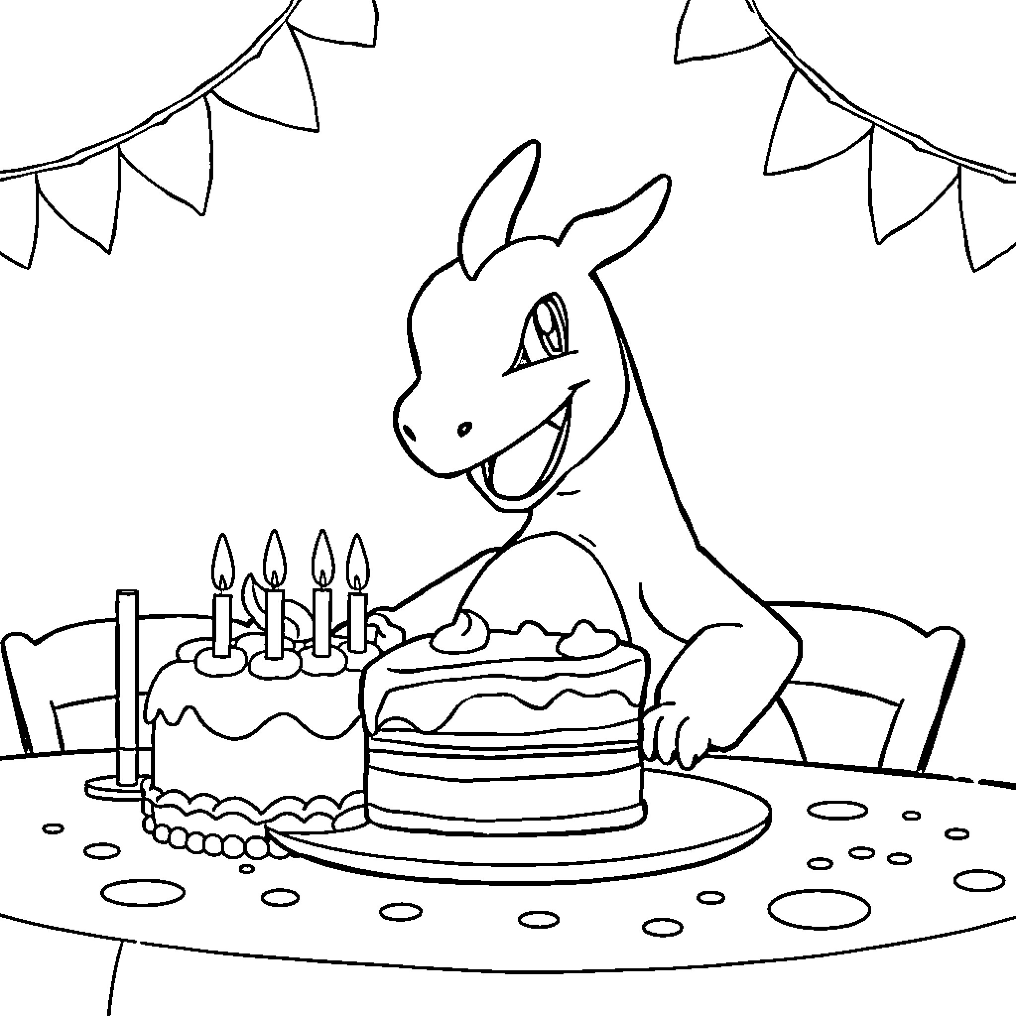Charizard's Birthday Celebration Coloring Page (free black-and-white line drawing printable PDF for all, from beginners to advanced learners, including children, teens, adults, and seniors)