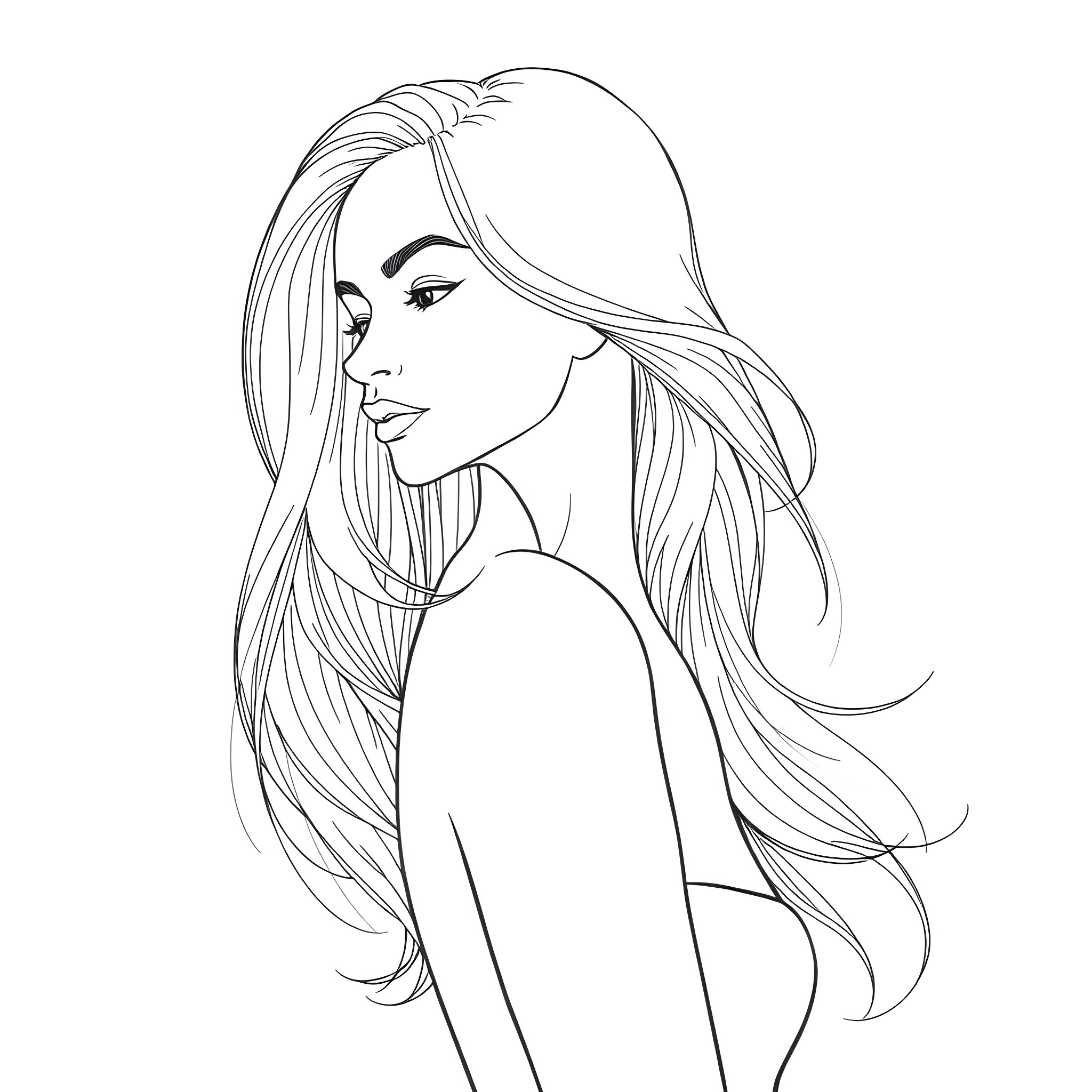Female with flowing hair and profile view Coloring Page (free black-and-white line drawing printable PDF for all, from beginners to advanced learners, including children, teens, adults, and seniors)