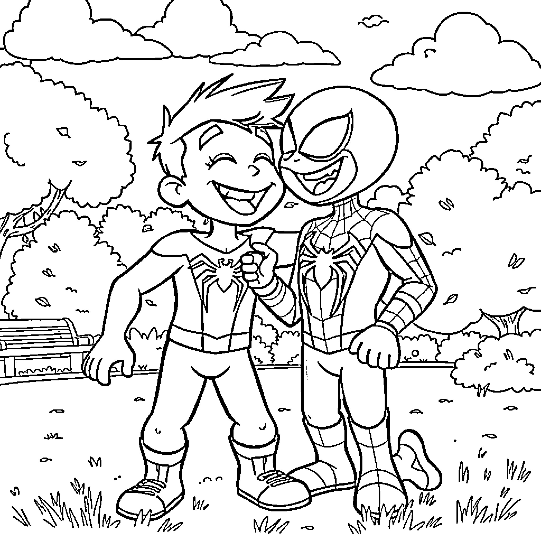 Bluey and Spiderman playing together happily Coloring Page (free black-and-white line drawing printable PDF for all, from beginners to advanced learners, including children, teens, adults, and seniors)