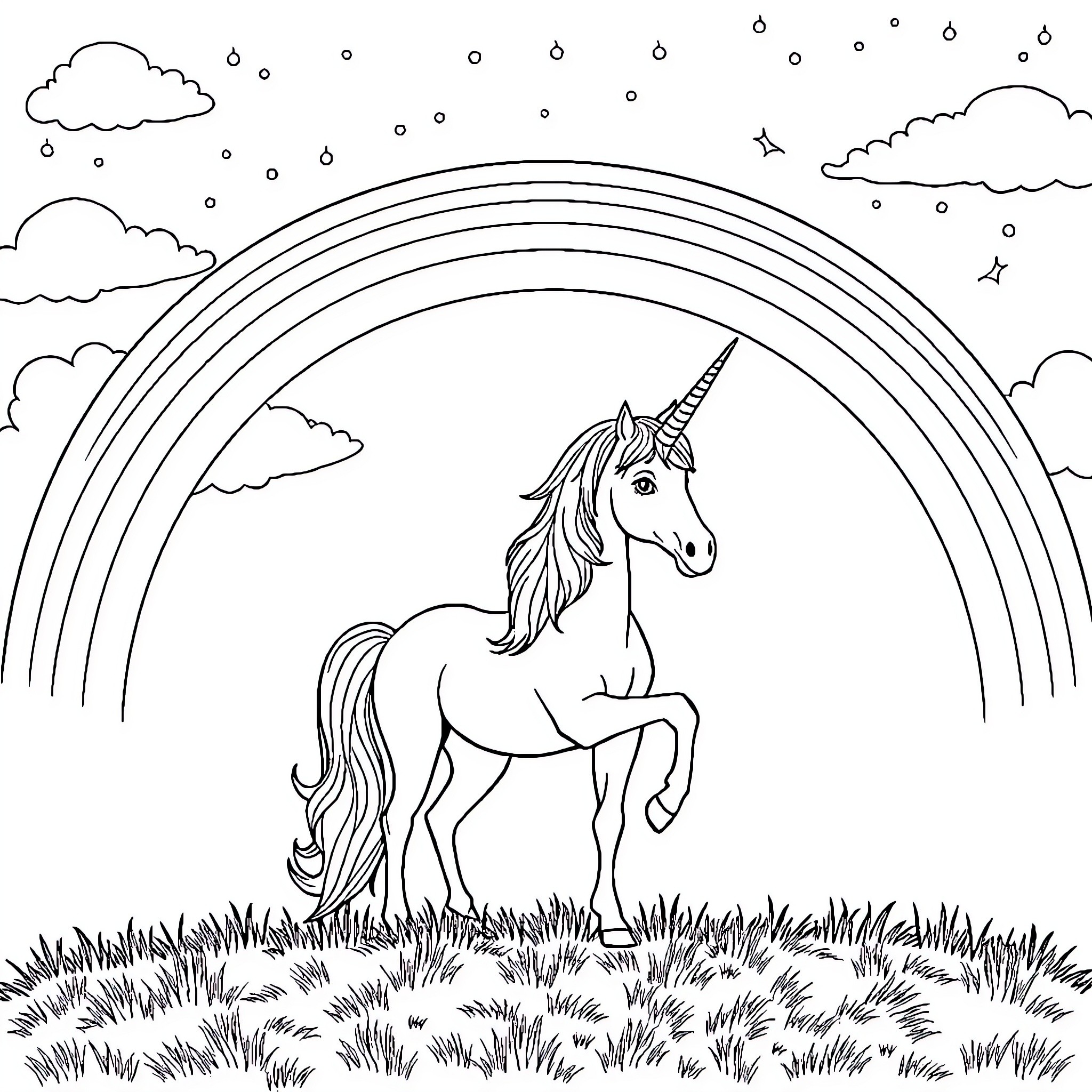 Unicorn standing under a rainbow in the meadow Coloring Page (free black-and-white line drawing printable PDF for all, from beginners to advanced learners, including children, teens, adults, and seniors)