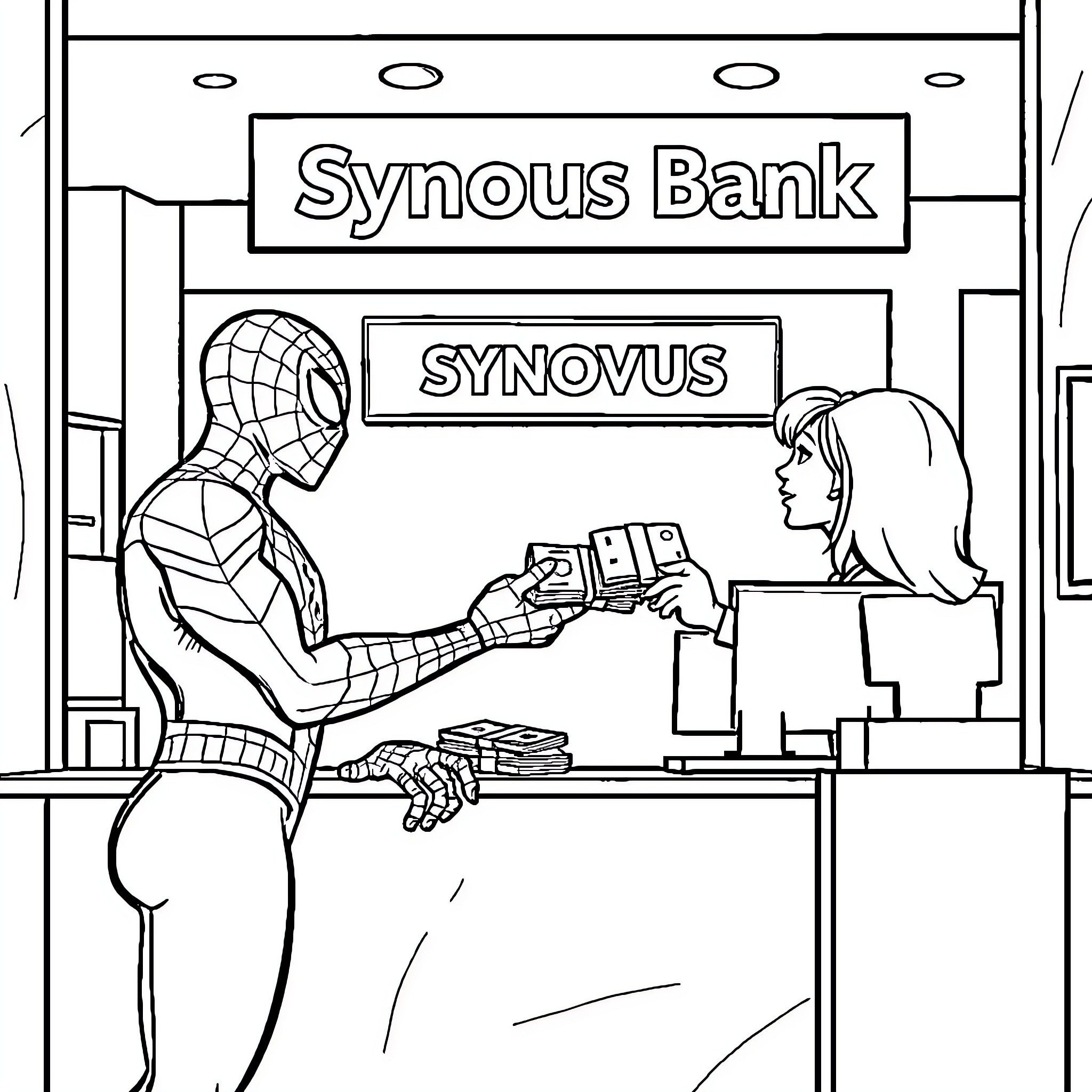 Spiderman interacting with bank teller at Synovus Bank Coloring Page (free black-and-white line drawing printable PDF for all, from beginners to advanced learners, including children, teens, adults, and seniors)
