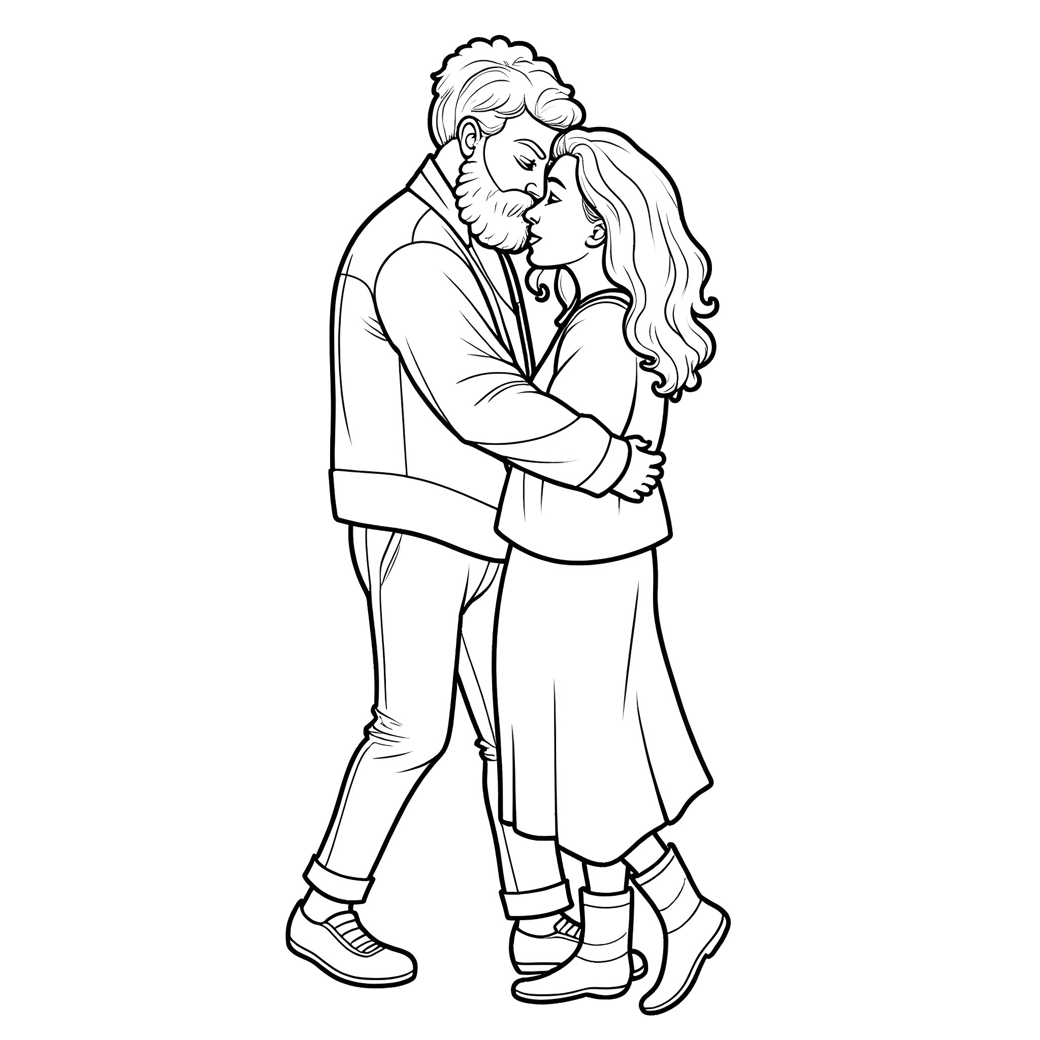 Hobo couple embracing affectionately Coloring Page (free black-and-white line drawing printable PDF for all, from beginners to advanced learners, including children, teens, adults, and seniors)