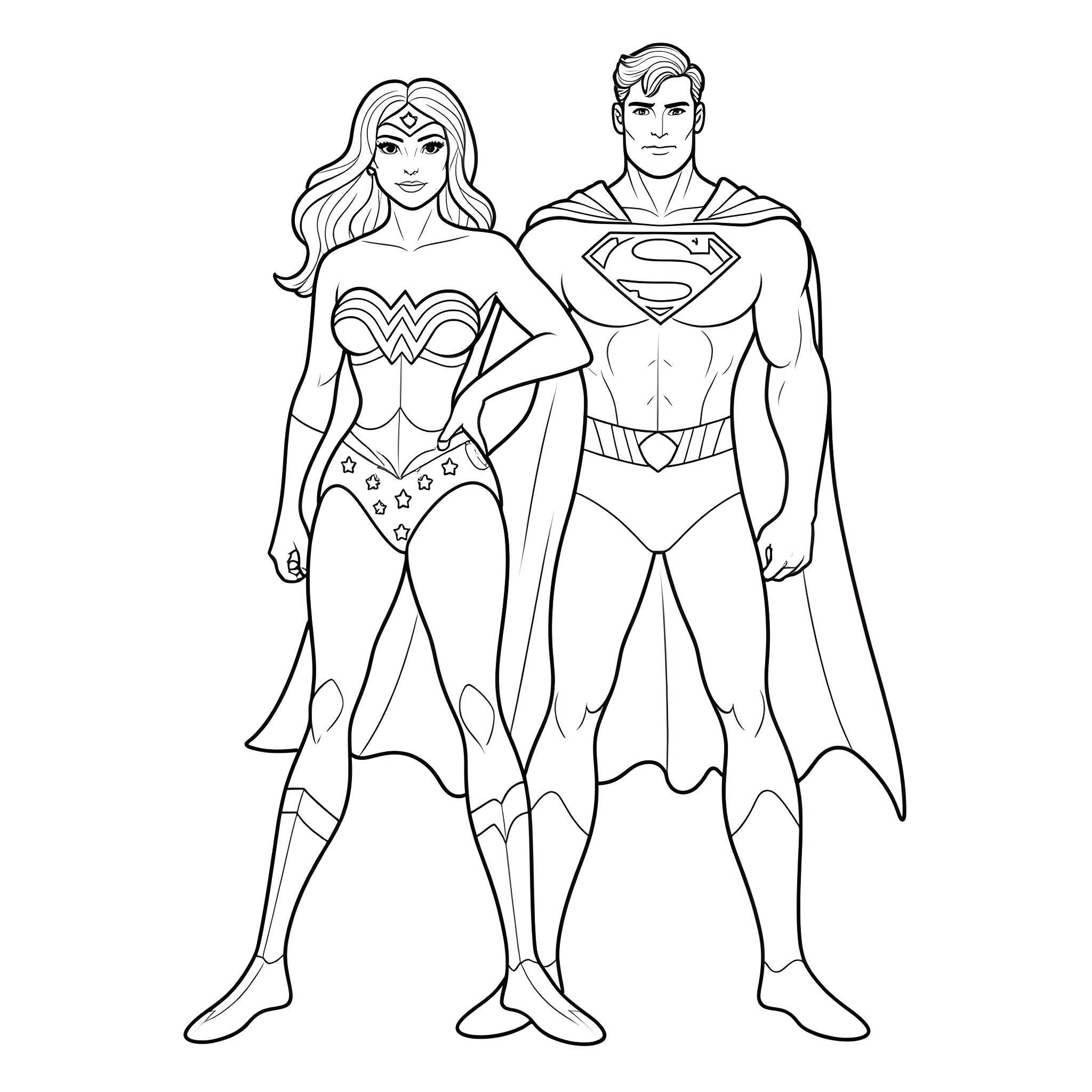 Wonder Woman and Superman in superhero poses Coloring Page (free black-and-white line drawing printable PDF for all, from beginners to advanced learners, including children, teens, adults, and seniors)