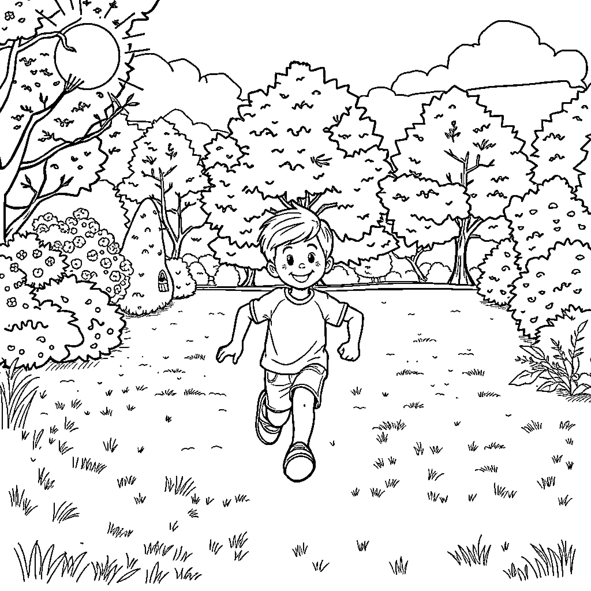 Boy running joyfully through a lush forest Coloring Page (free black-and-white line drawing printable PDF for all, from beginners to advanced learners, including children, teens, adults, and seniors)
