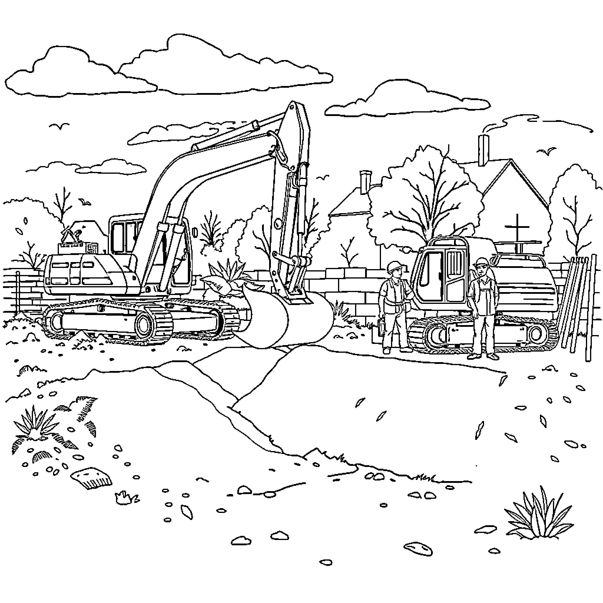 Construction Site with Heavy Machinery and Workers Coloring Page (free black-and-white line drawing printable PDF for all, from beginners to advanced learners, including children, teens, adults, and seniors)