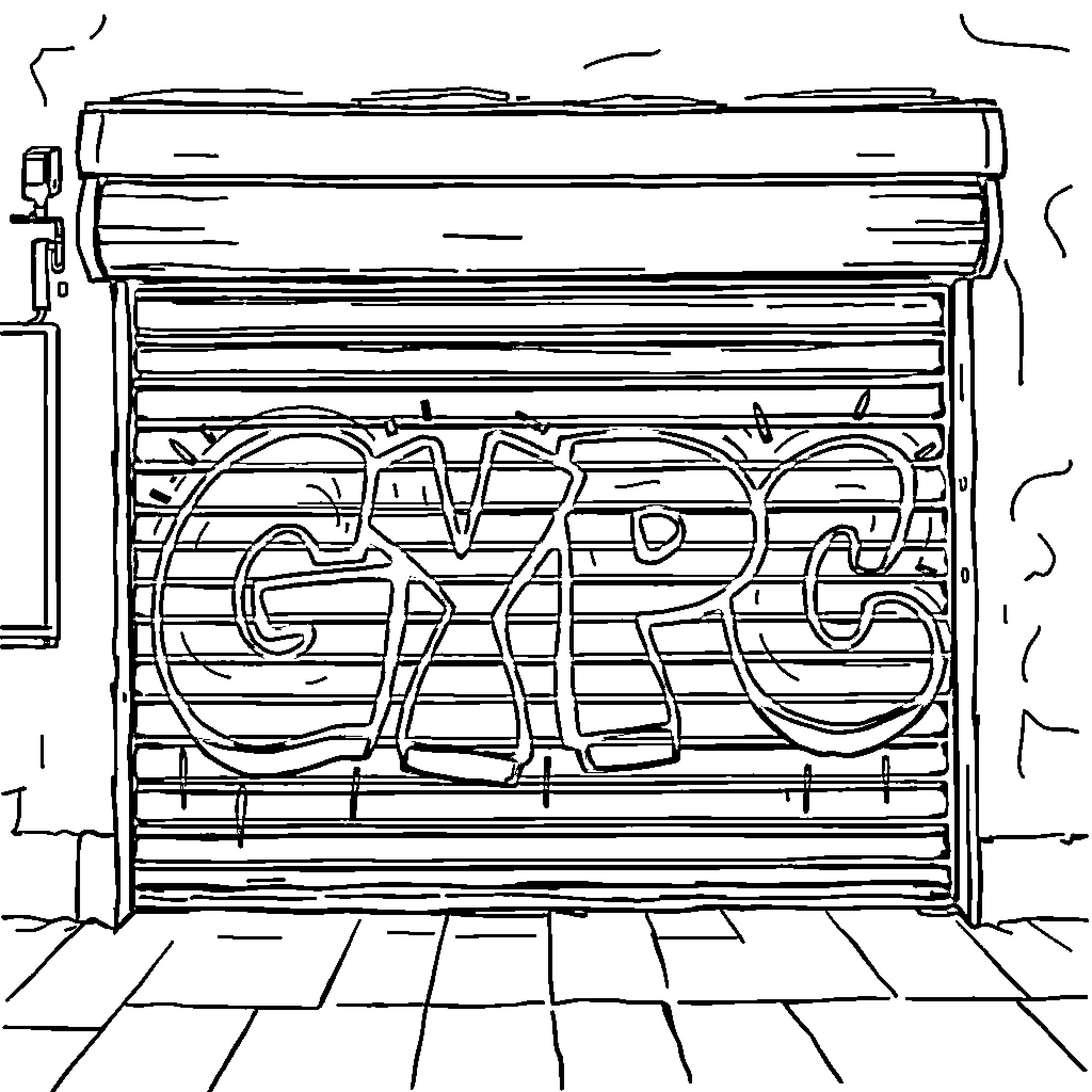 Graffiti on a garage door Coloring Page (free black-and-white line drawing printable PDF for all, from beginners to advanced learners, including children, teens, adults, and seniors)