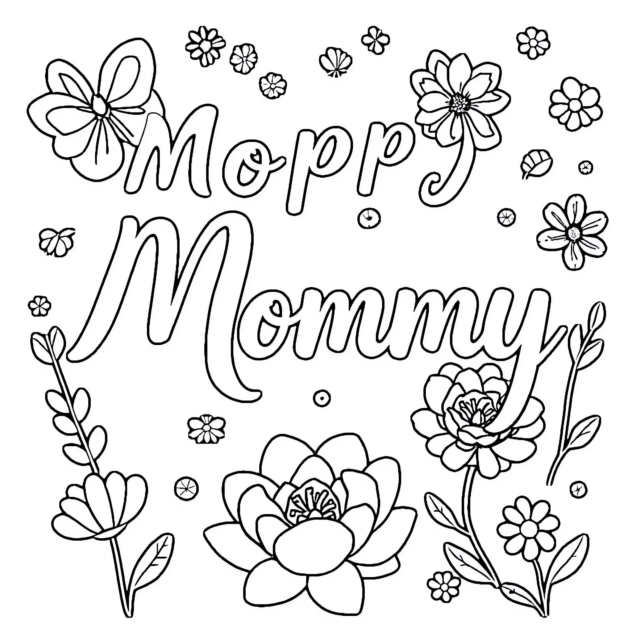 Font floral design with 'Moppy Mommy' text Coloring Page (free black-and-white line drawing printable PDF for all, from beginners to advanced learners, including children, teens, adults, and seniors)