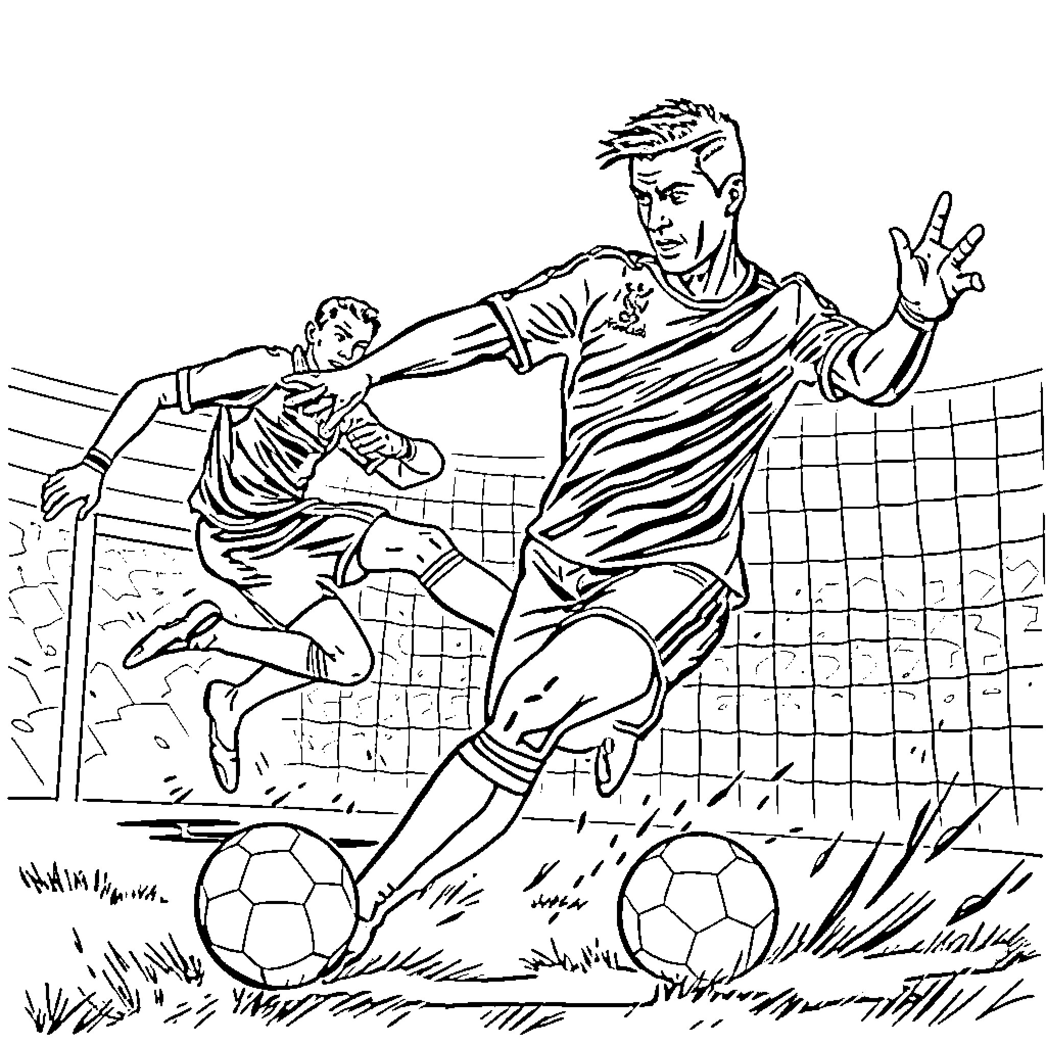 Cristiano Ronaldo Competing in Intense Soccer Match Coloring Page (free black-and-white line drawing printable PDF for all, from beginners to advanced learners, including children, teens, adults, and seniors)