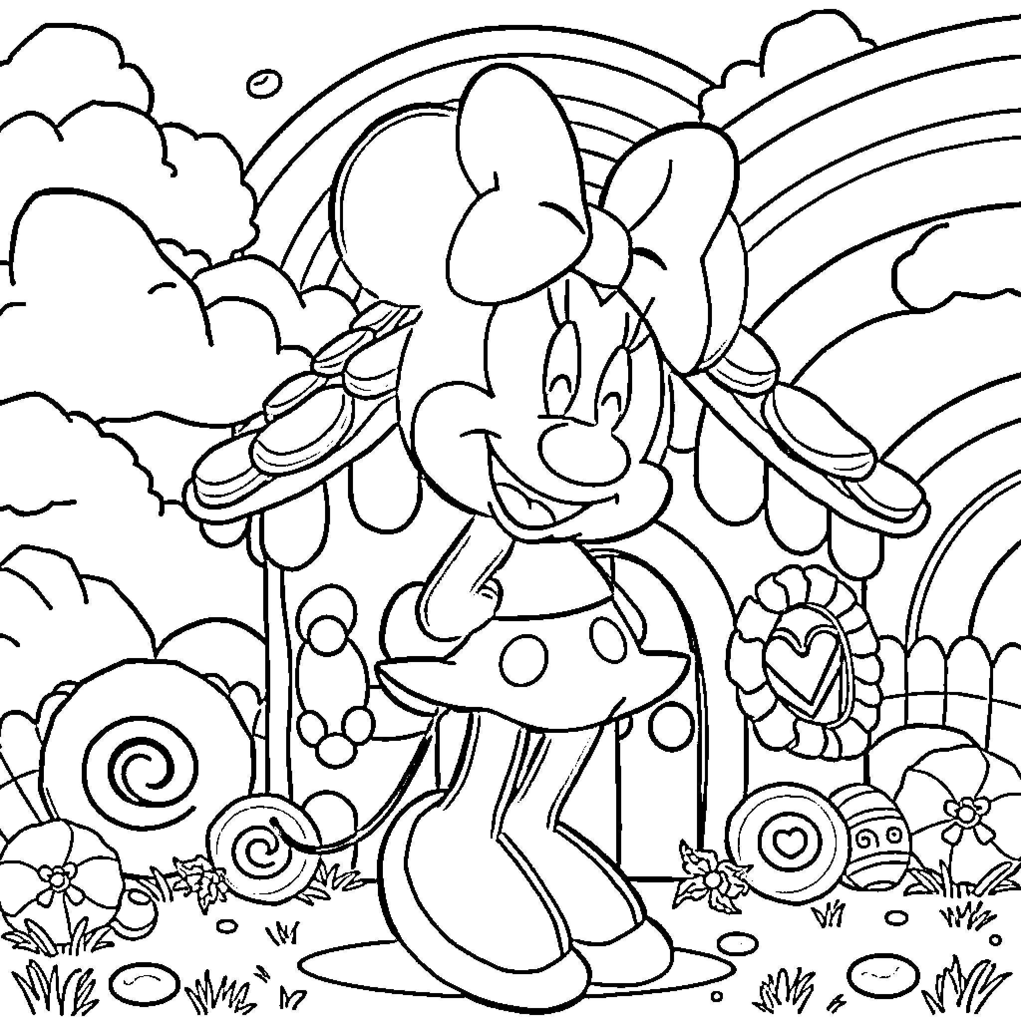 Minnie Mouse enjoying a whimsical outdoor scene Coloring Page (free black-and-white line drawing printable PDF for all, from beginners to advanced learners, including children, teens, adults, and seniors)