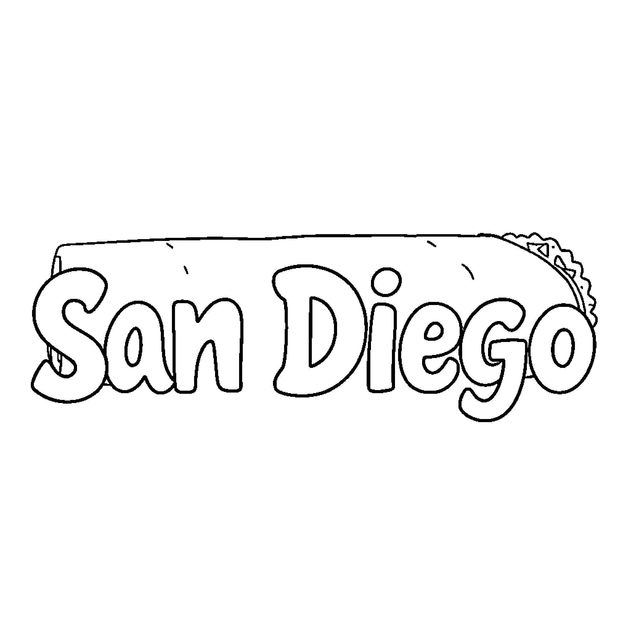 Burrito with San Diego text Coloring Page (free black-and-white line drawing printable PDF for all, from beginners to advanced learners, including children, teens, adults, and seniors)