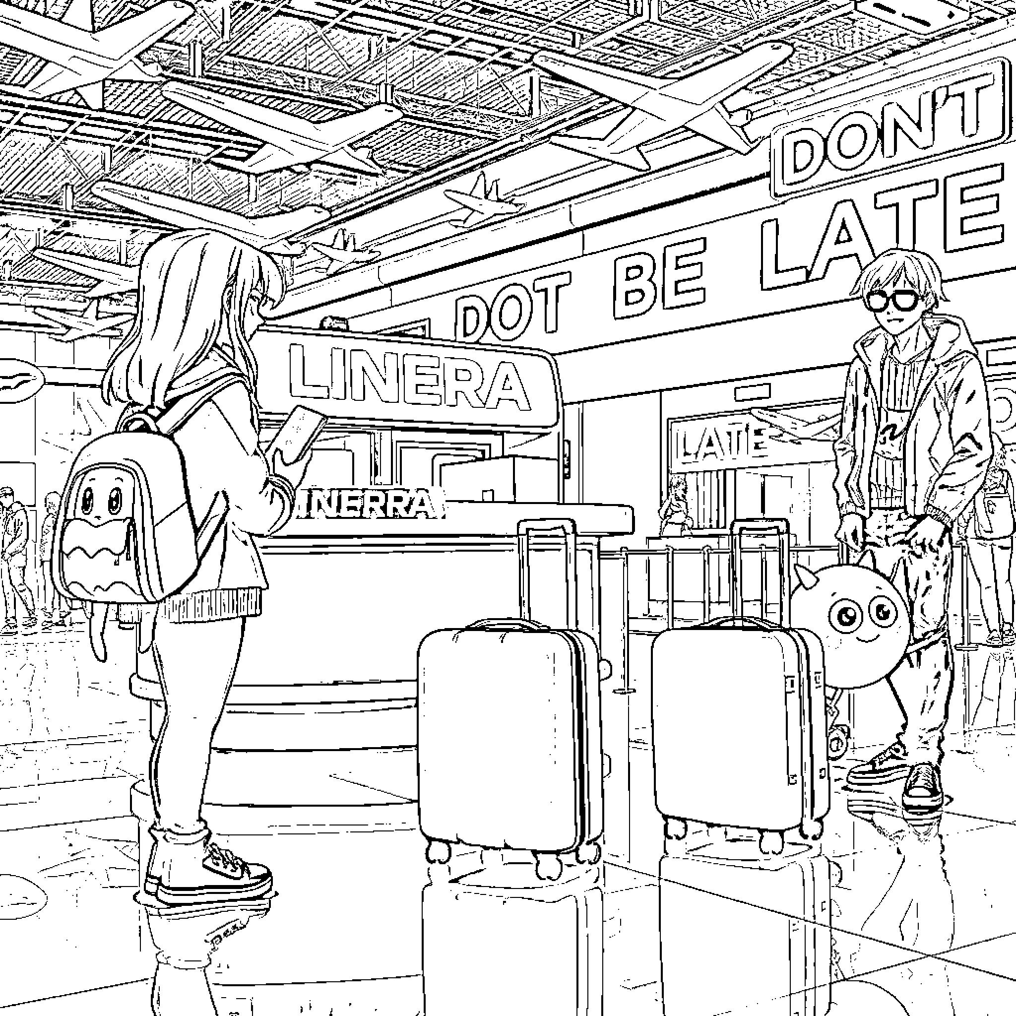 Airport scene with people and luggage Coloring Page (free black-and-white line drawing printable PDF for all, from beginners to advanced learners, including children, teens, adults, and seniors)