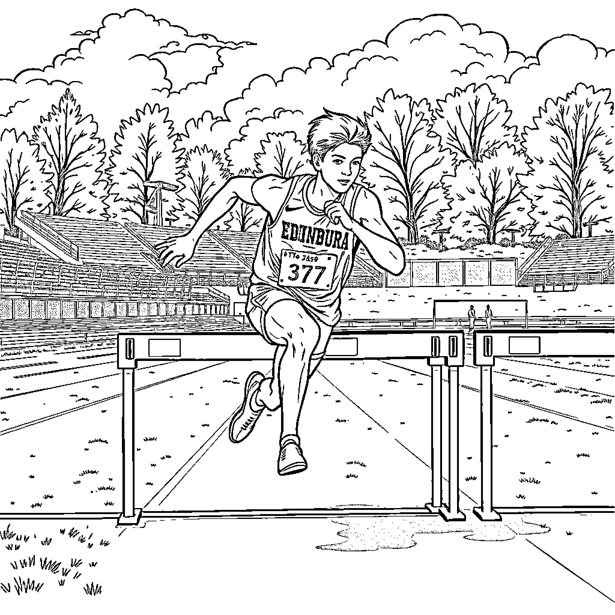 Athlete running on track with hurdles in the forest Coloring Page (free black-and-white line drawing printable PDF for all, from beginners to advanced learners, including children, teens, adults, and seniors)