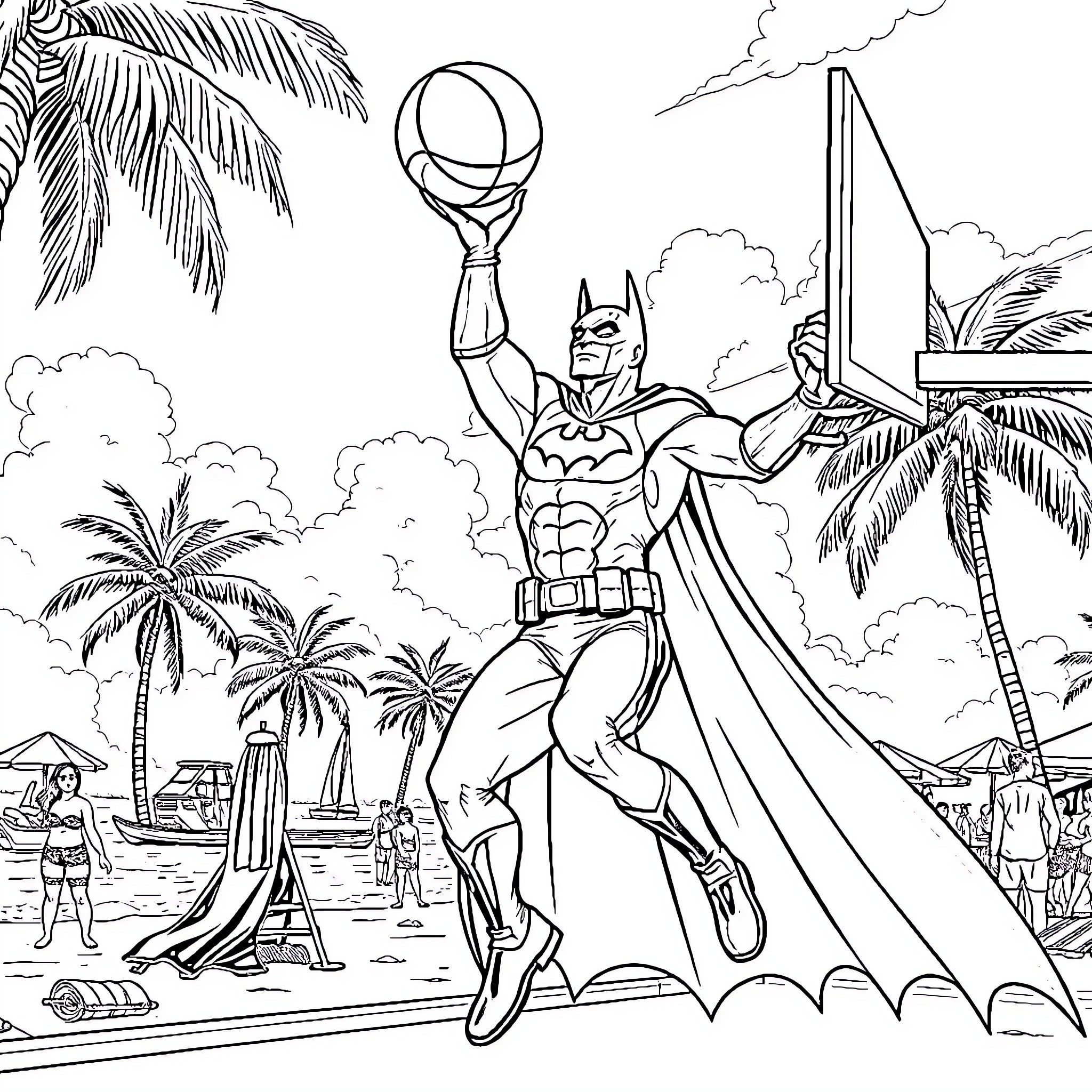 Batman triumphantly holds trophy in tropical setting Coloring Page (free black-and-white line drawing printable PDF for all, from beginners to advanced learners, including children, teens, adults, and seniors)