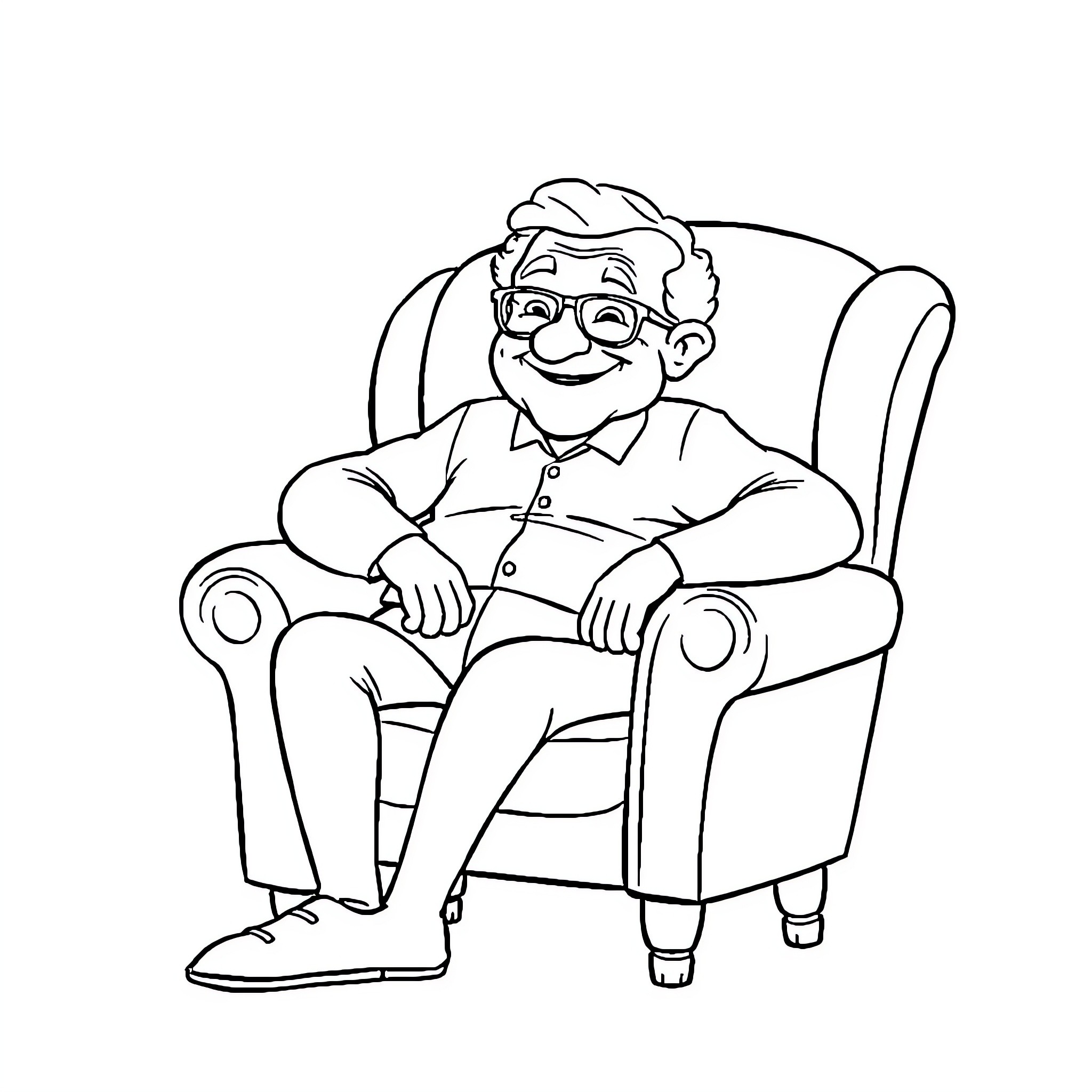 Gramps relaxing in his favorite armchair Coloring Page (free black-and-white line drawing printable PDF for all, from beginners to advanced learners, including children, teens, adults, and seniors)