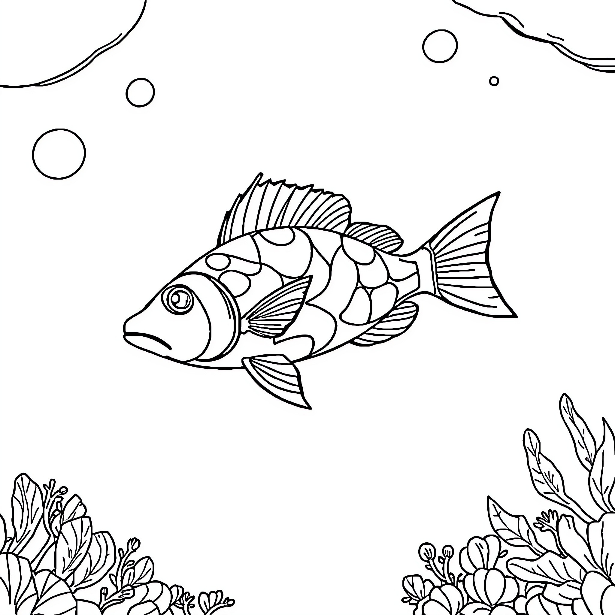 Sea Animal swimming peacefully with underwater plants Coloring Page (free black-and-white line drawing printable PDF for all, from beginners to advanced learners, including children, teens, adults, and seniors)