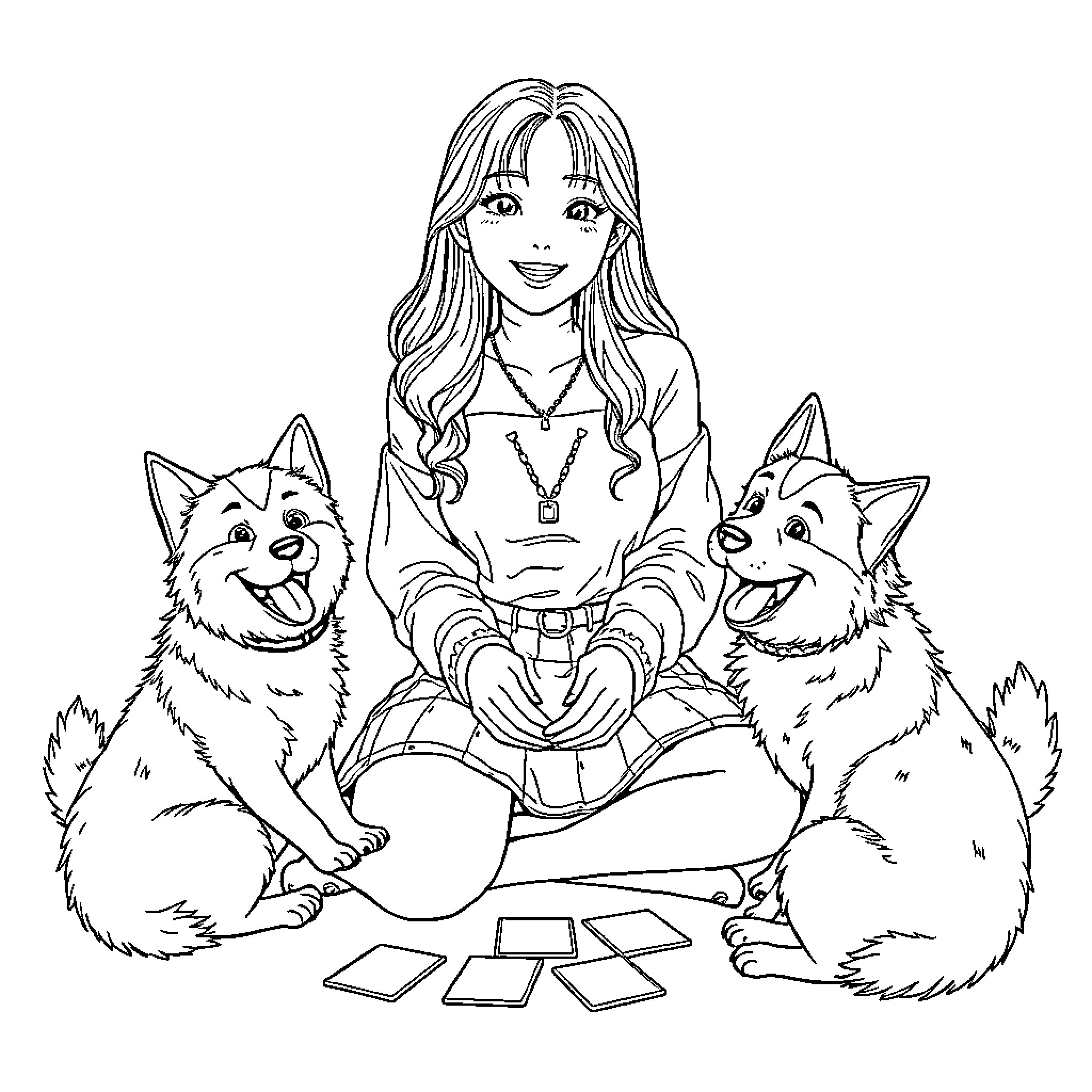 Rumi playing card game with her wolf companions Coloring Page (free black-and-white line drawing printable PDF for all, from beginners to advanced learners, including children, teens, adults, and seniors)