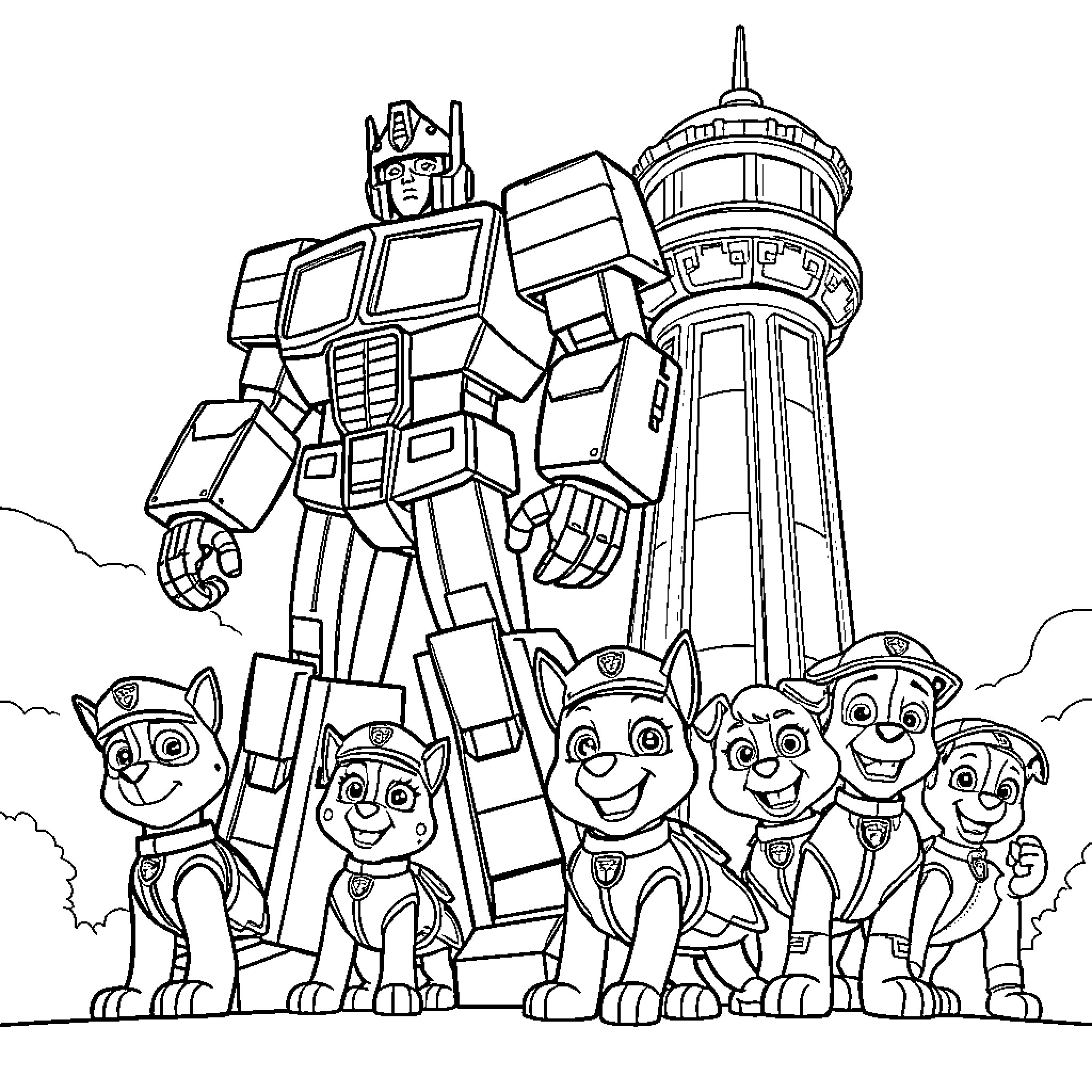 Optimus Prime Meets the Paw Patrol Team Coloring Page (free black-and-white line drawing printable PDF for all, from beginners to advanced learners, including children, teens, adults, and seniors)
