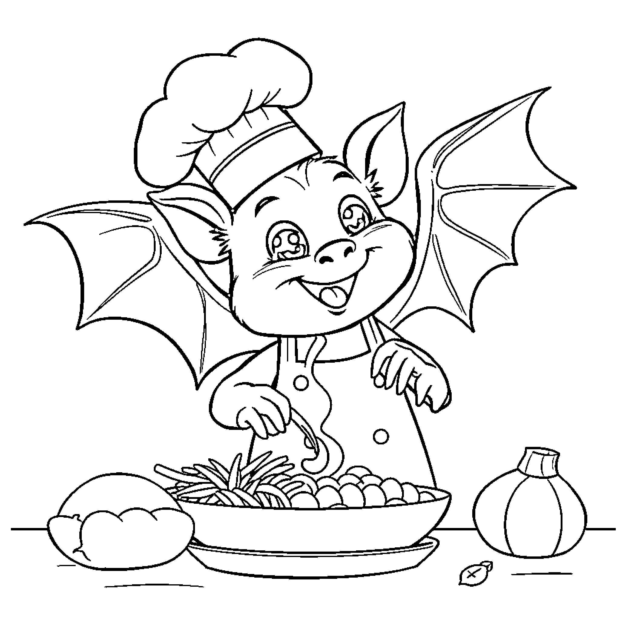 Bat chef cooking delicious meal Coloring Page (free black-and-white line drawing printable PDF for all, from beginners to advanced learners, including children, teens, adults, and seniors)