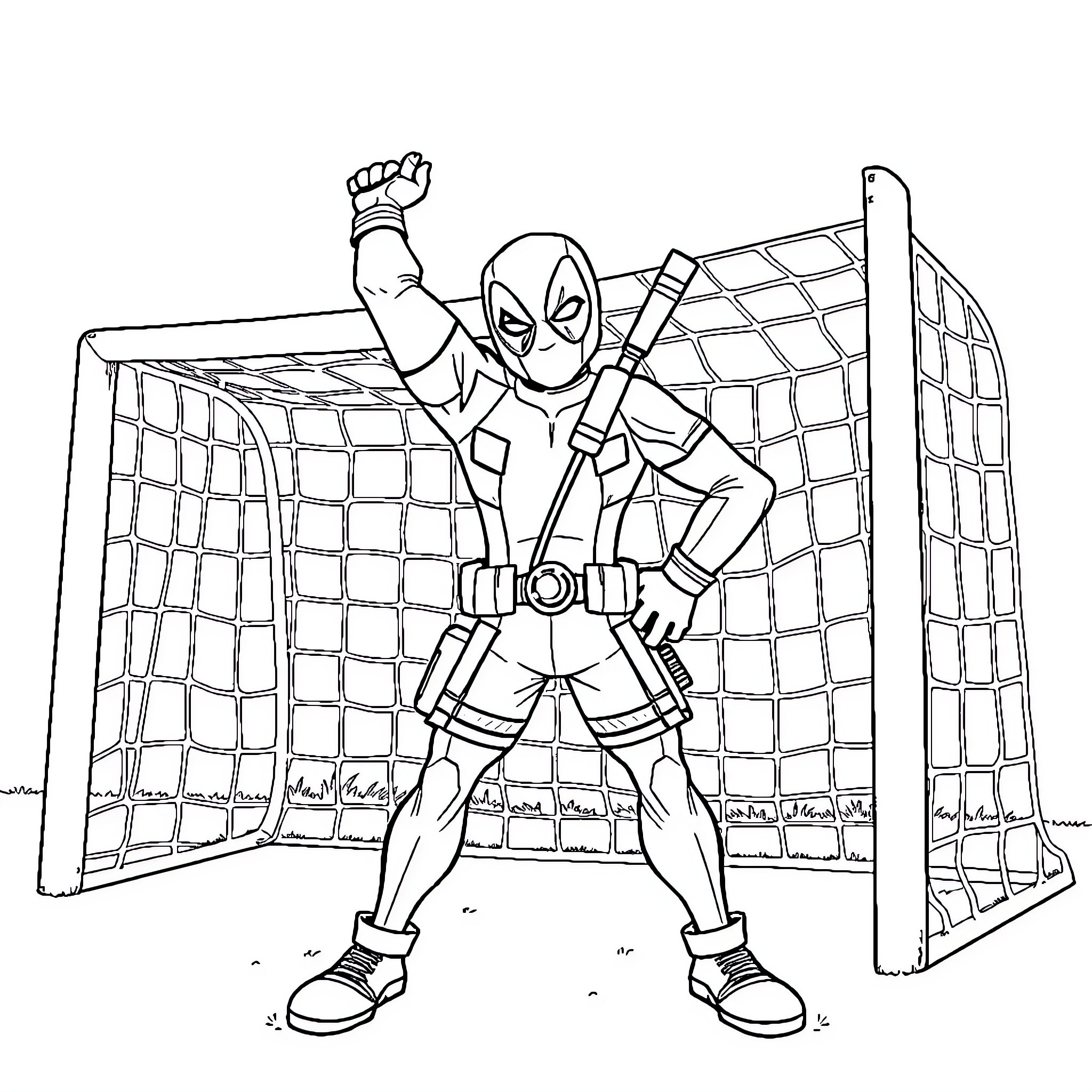 Deadpool in action-packed sports scene Coloring Page (free black-and-white line drawing printable PDF for all, from beginners to advanced learners, including children, teens, adults, and seniors)