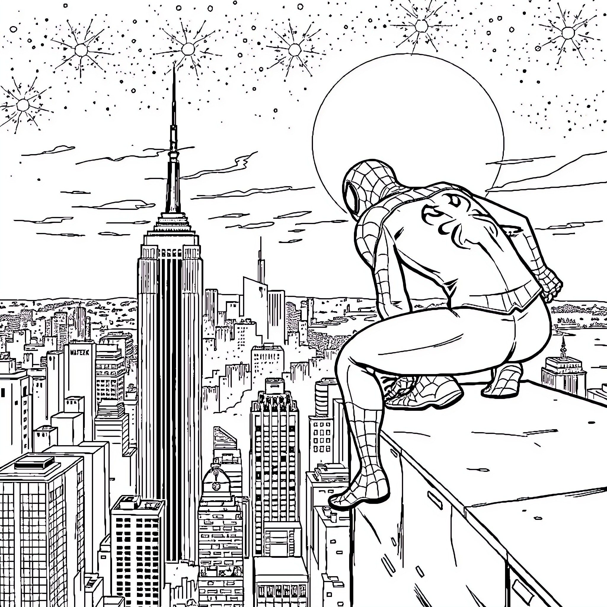 Spider-Man overlooking the city skyline at night Coloring Page (free black-and-white line drawing printable PDF for all, from beginners to advanced learners, including children, teens, adults, and seniors)