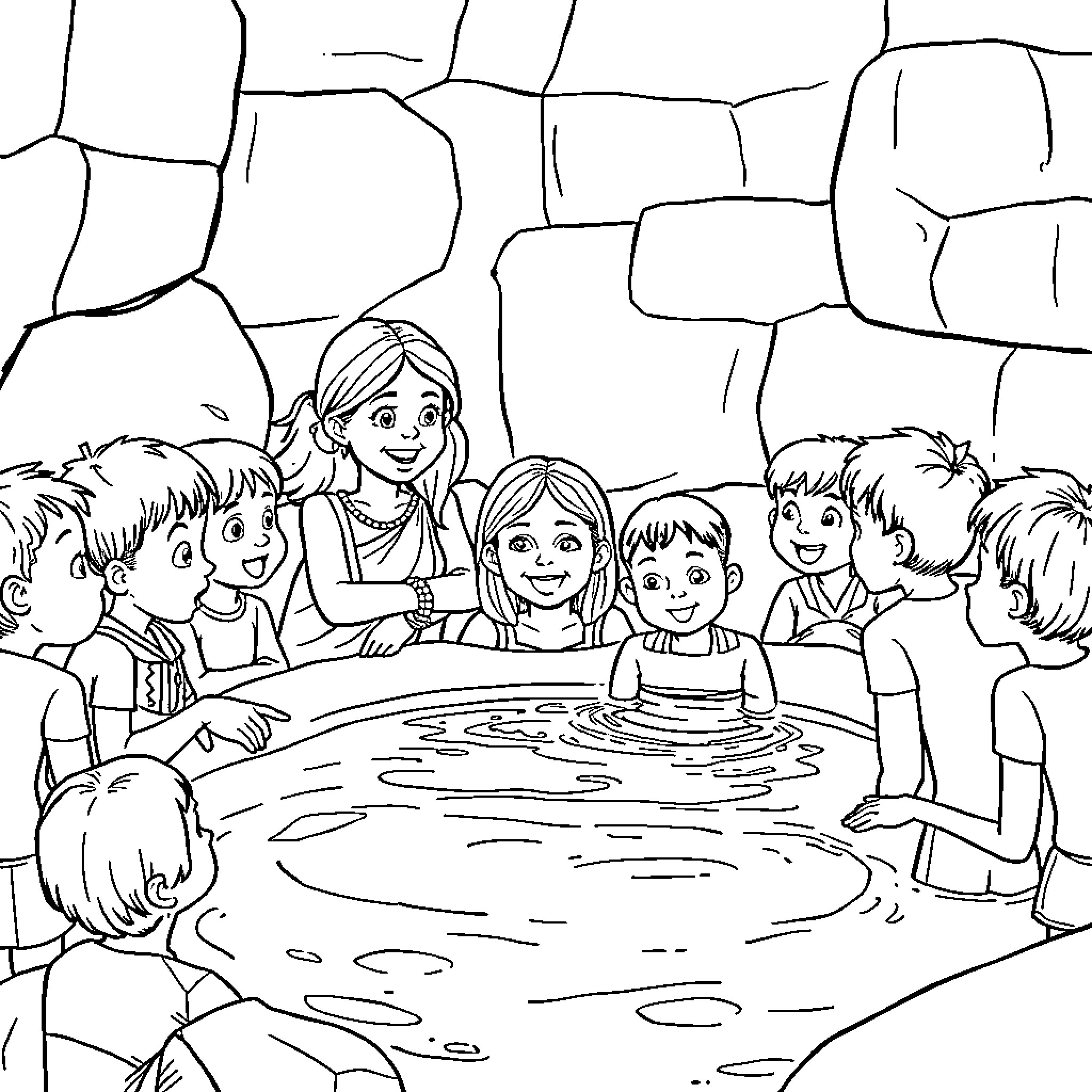 Baptism ceremony with joyful participants Coloring Page (free black-and-white line drawing printable PDF for all, from beginners to advanced learners, including children, teens, adults, and seniors)