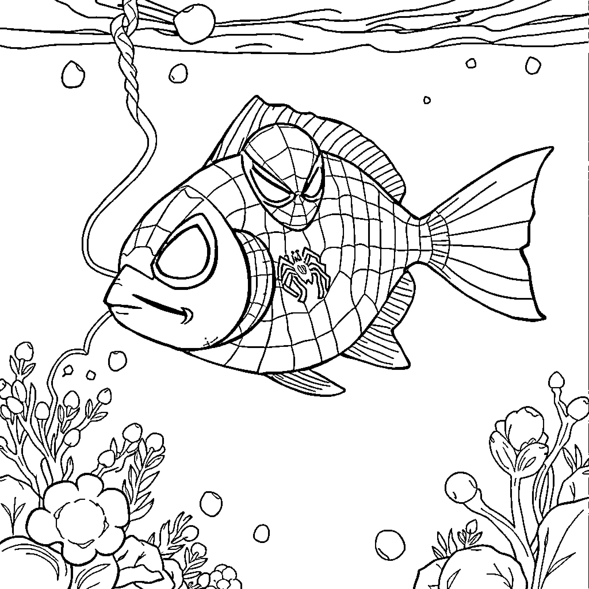 Fish in a Whimsical Underwater Scene Coloring Page (free black-and-white line drawing printable PDF for all, from beginners to advanced learners, including children, teens, adults, and seniors)