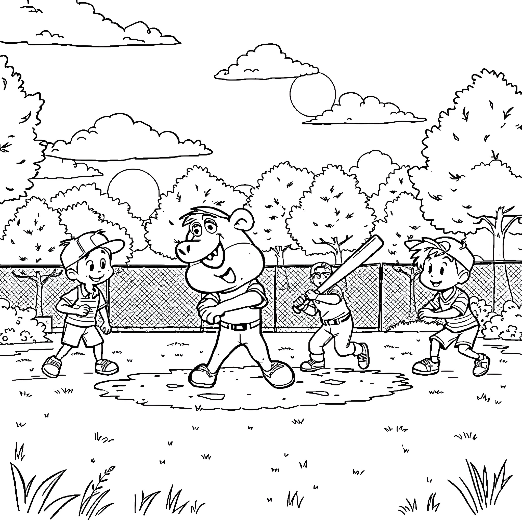 Rubble clearing kids playing baseball on the field Coloring Page (free black-and-white line drawing printable PDF for all, from beginners to advanced learners, including children, teens, adults, and seniors)
