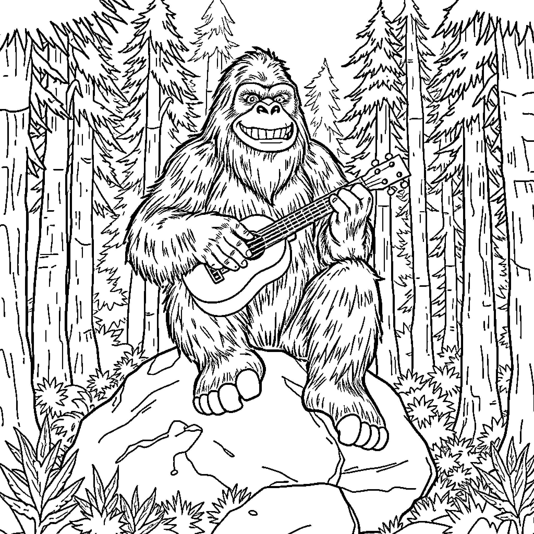 Bigfoot playing guitar in the forest Coloring Page (free black-and-white line drawing printable PDF for all, from beginners to advanced learners, including children, teens, adults, and seniors)