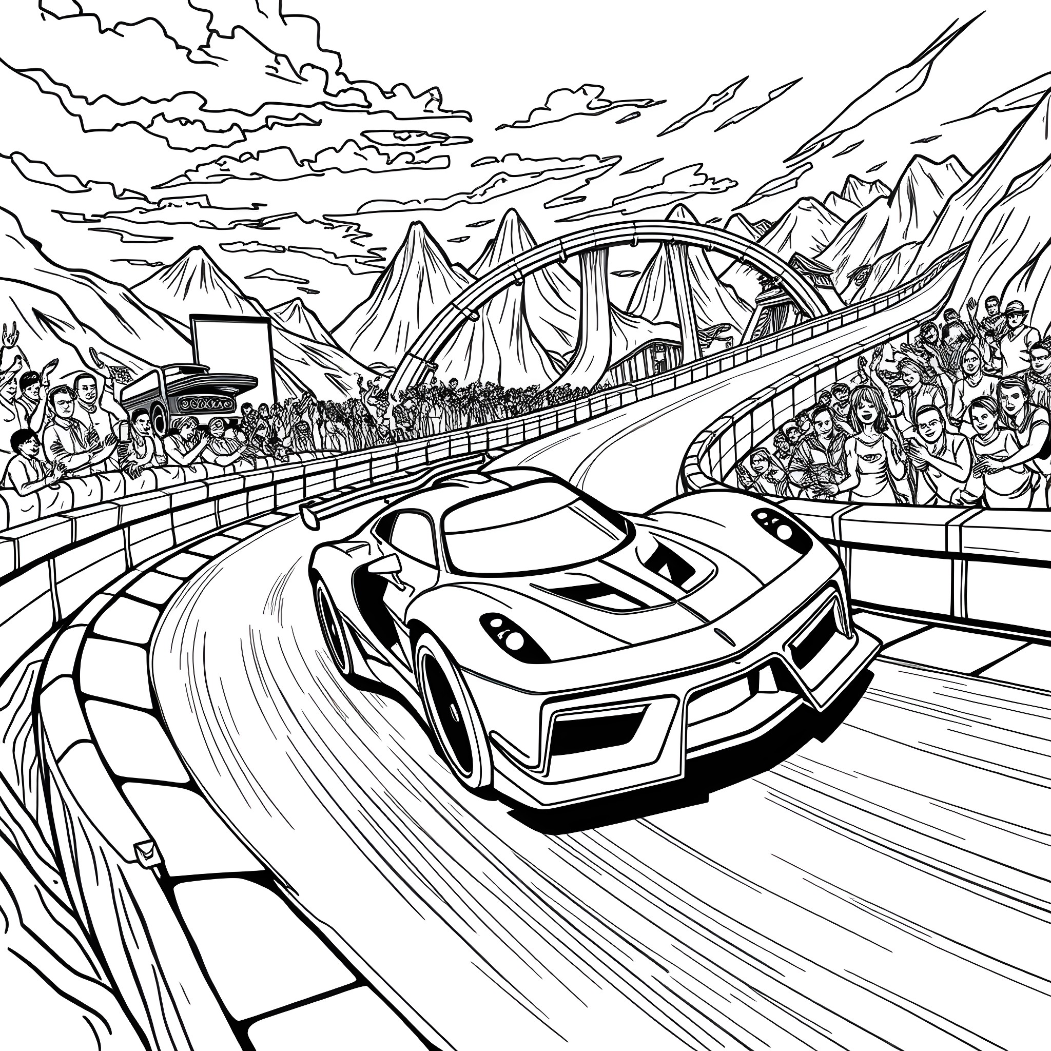 Hot Wheels Racing Through the Mountains Coloring Page (free black-and-white line drawing printable PDF for all, from beginners to advanced learners, including children, teens, adults, and seniors)