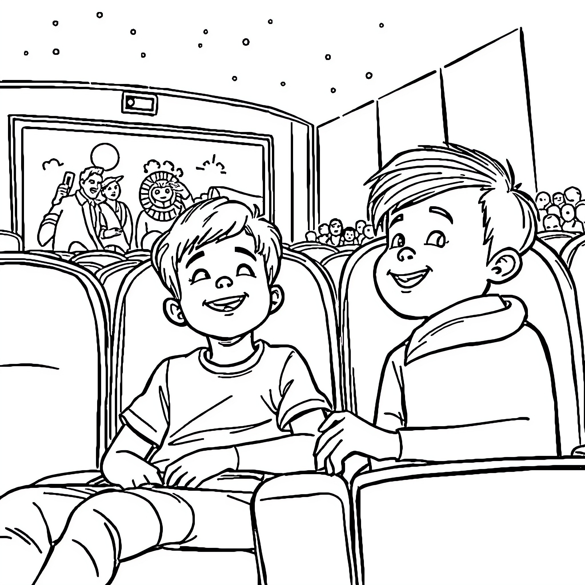 Siblings Enjoying a Movie in the Theater Coloring Page (free black-and-white line drawing printable PDF for all, from beginners to advanced learners, including children, teens, adults, and seniors)