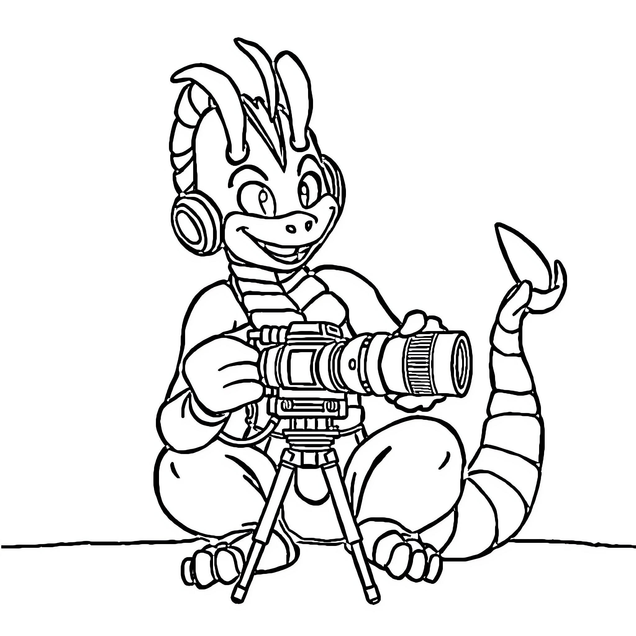 Escorpion capturing the scene with his camera Coloring Page (free black-and-white line drawing printable PDF for all, from beginners to advanced learners, including children, teens, adults, and seniors)