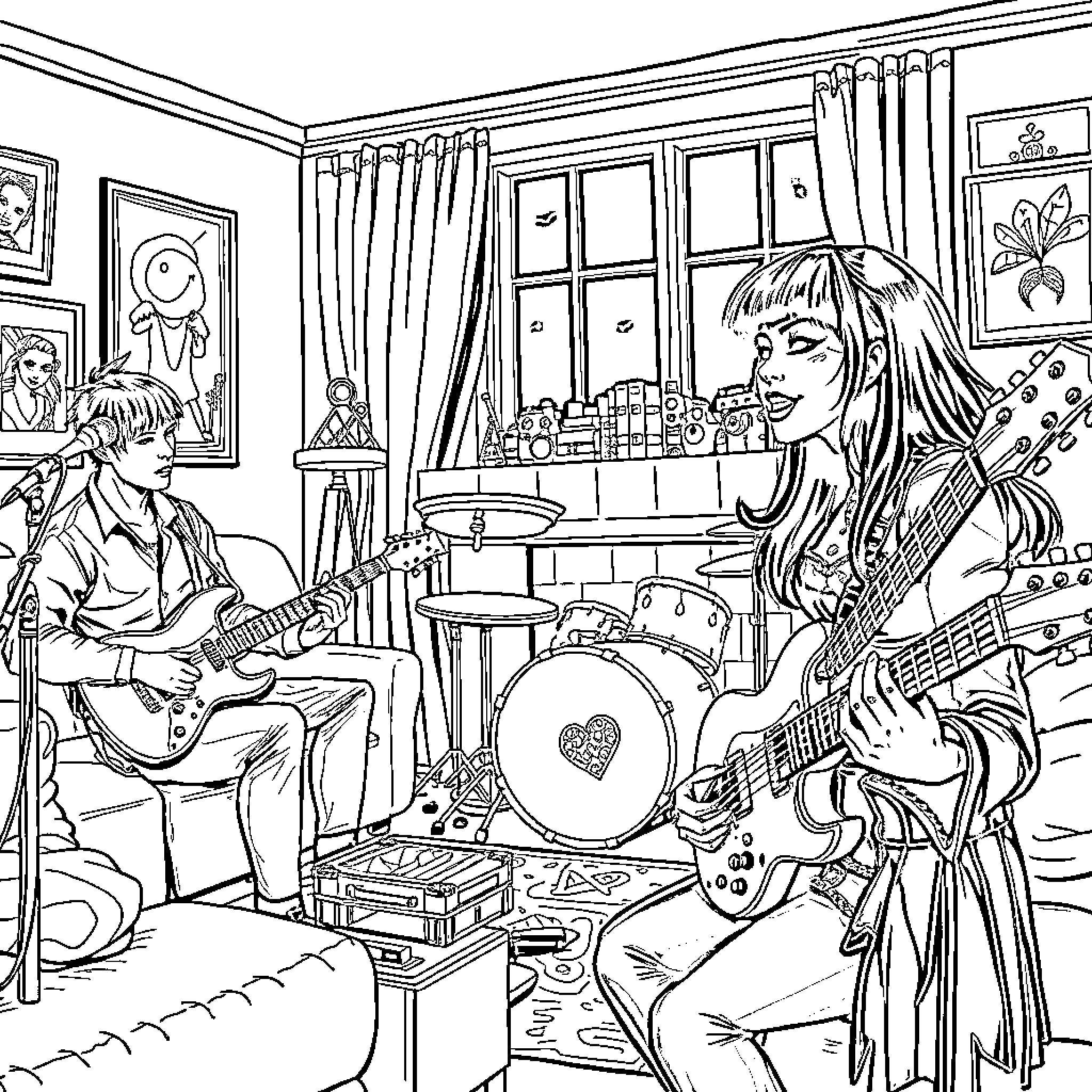 Band members jamming together in a lively rehearsal session Coloring Page (free black-and-white line drawing printable PDF for all, from beginners to advanced learners, including children, teens, adults, and seniors)