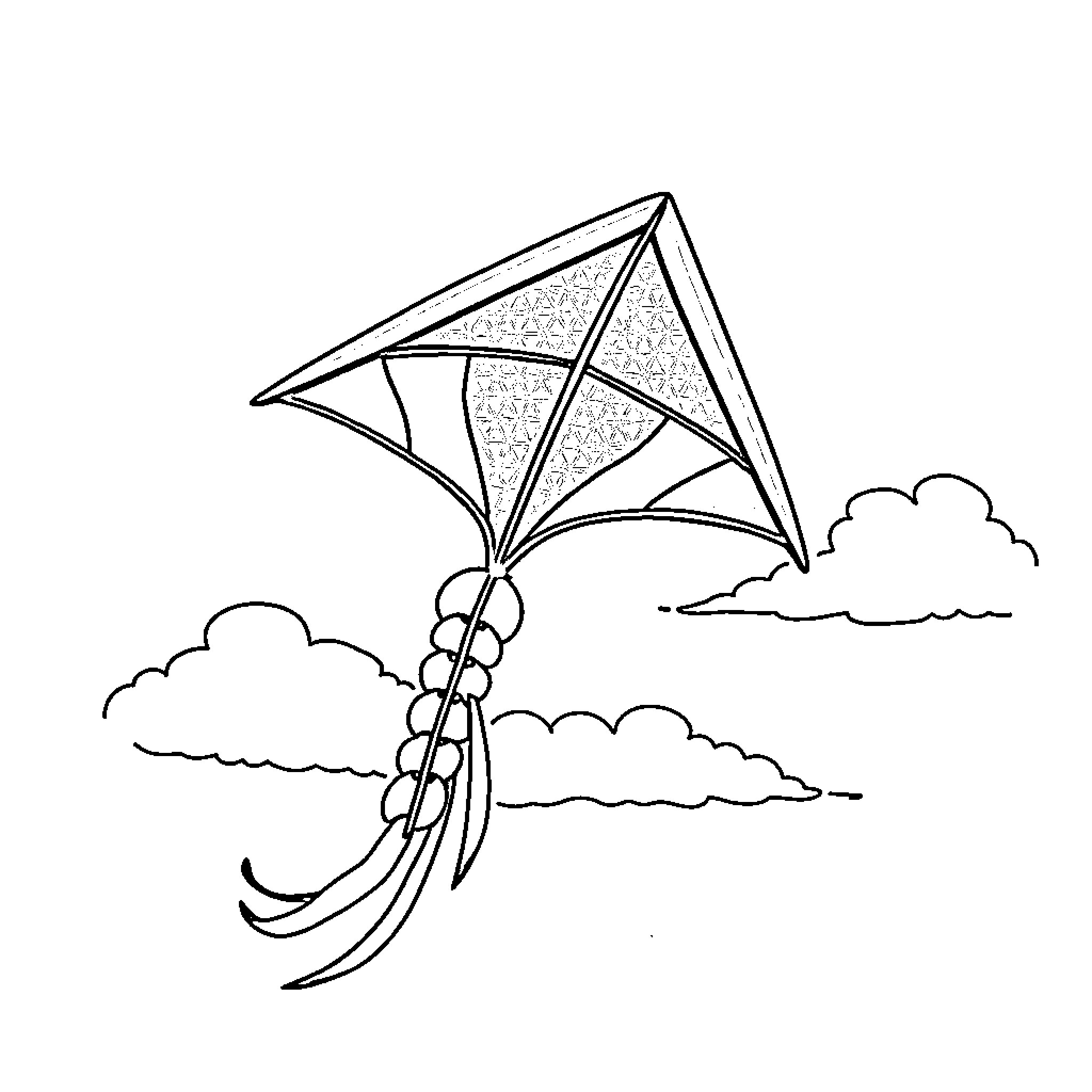 Kite soaring through the cloudy sky Coloring Page (free black-and-white line drawing printable PDF for all, from beginners to advanced learners, including children, teens, adults, and seniors)