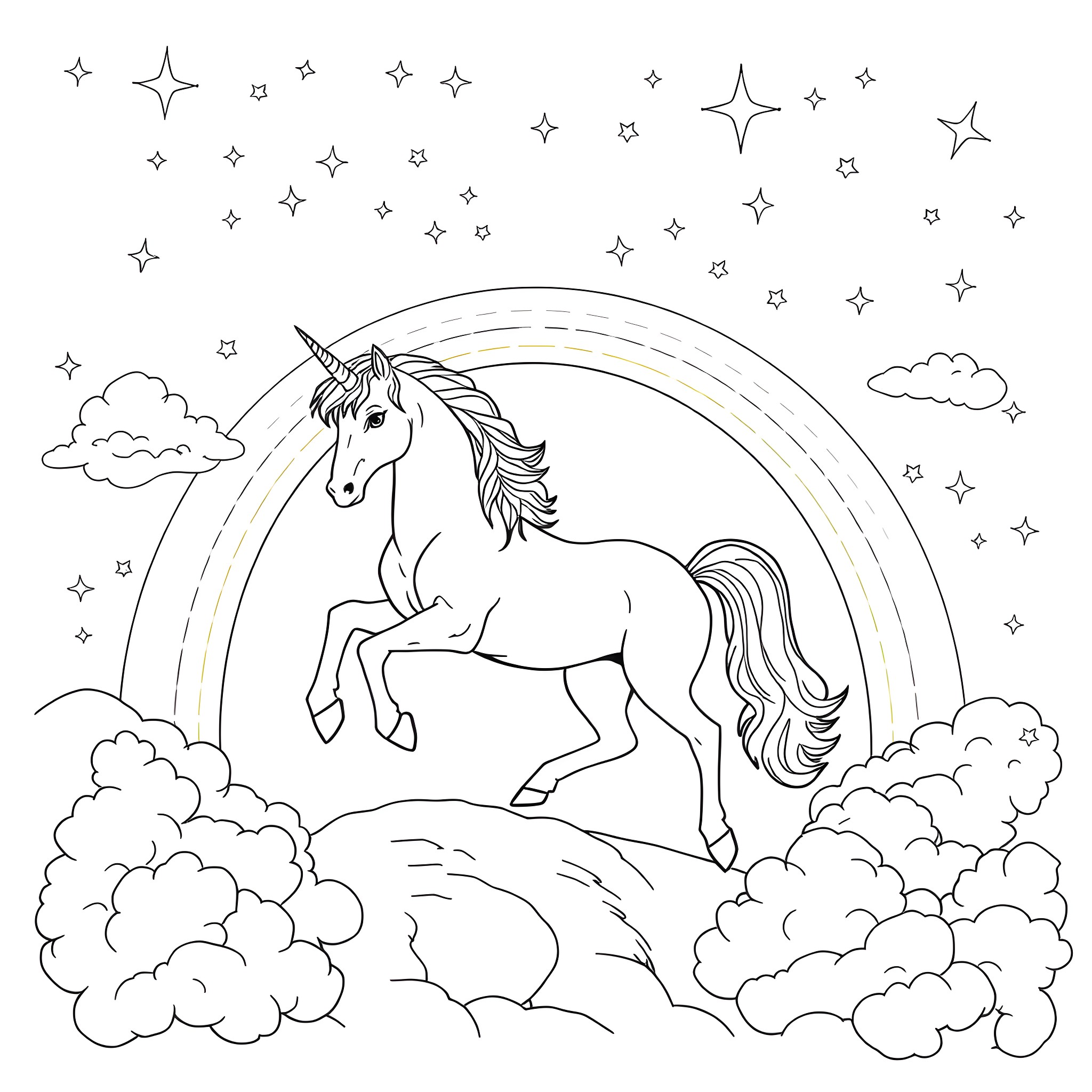 Unicorn galloping through the starry night sky Coloring Page (free black-and-white line drawing printable PDF for all, from beginners to advanced learners, including children, teens, adults, and seniors)