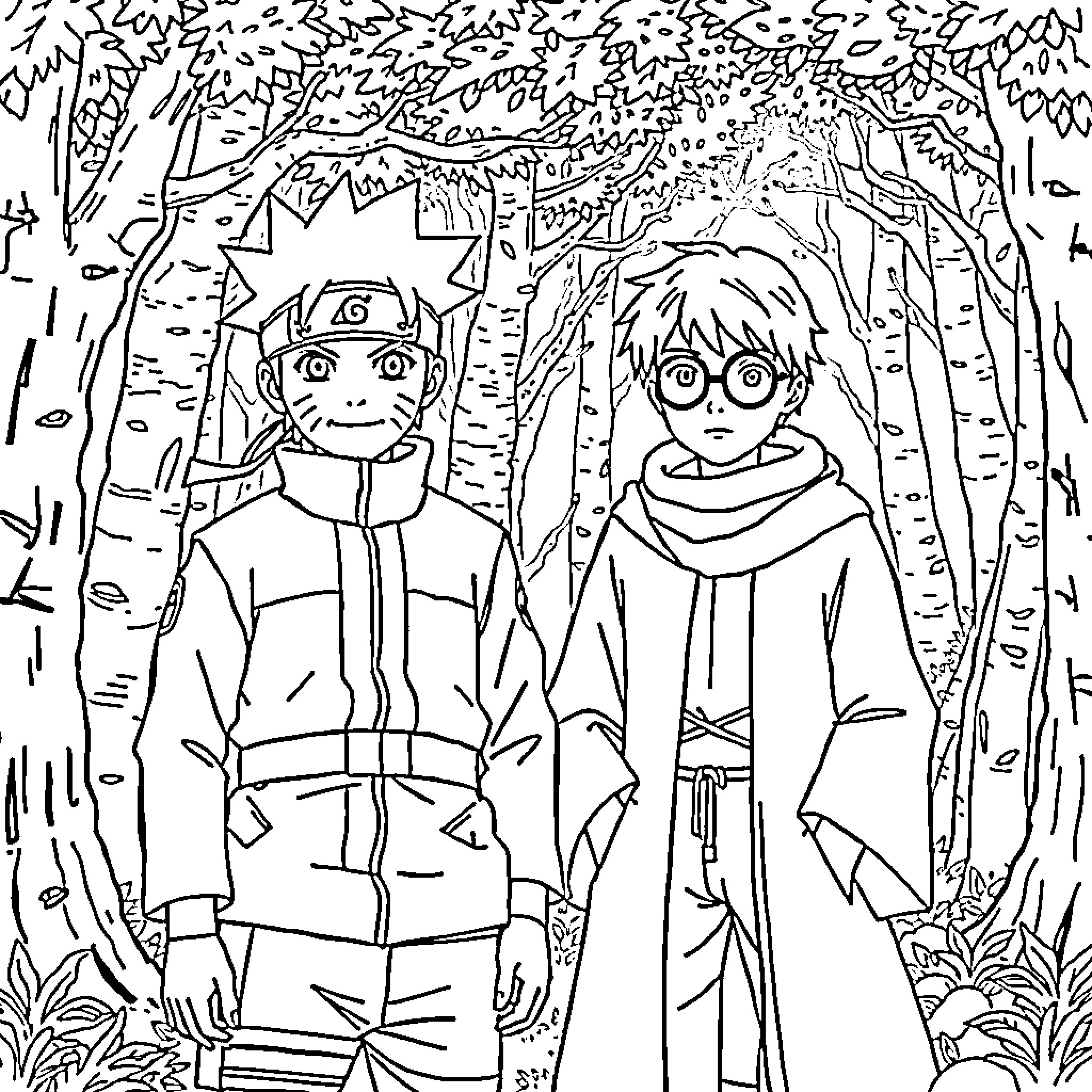 Naruto and Sasuke in the Forested Landscape Coloring Page (free black-and-white line drawing printable PDF for all, from beginners to advanced learners, including children, teens, adults, and seniors)