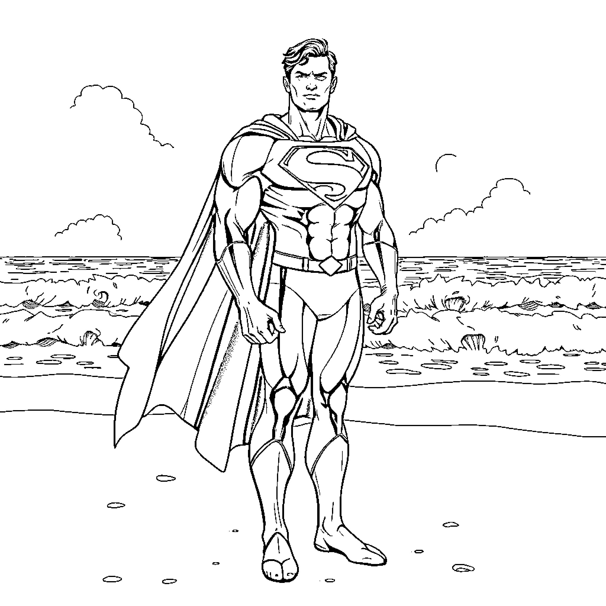 Superman standing heroically in a scenic landscape Coloring Page (free black-and-white line drawing printable PDF for all, from beginners to advanced learners, including children, teens, adults, and seniors)