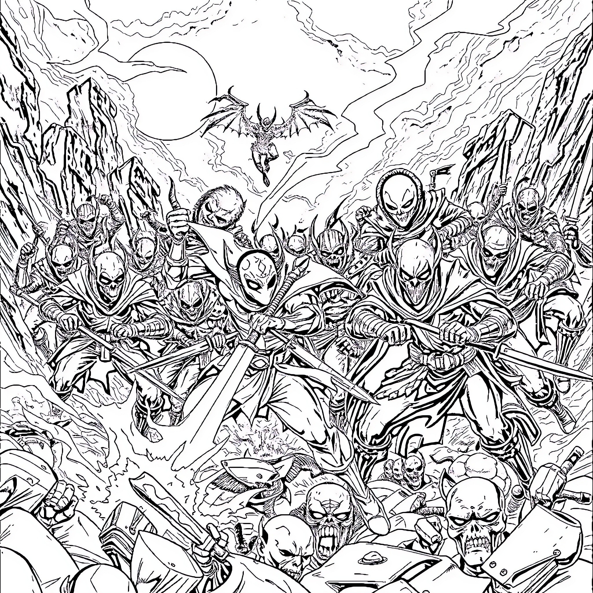 Spawn of a Chaotic Battle Coloring Page (free black-and-white line drawing printable PDF for all, from beginners to advanced learners, including children, teens, adults, and seniors)