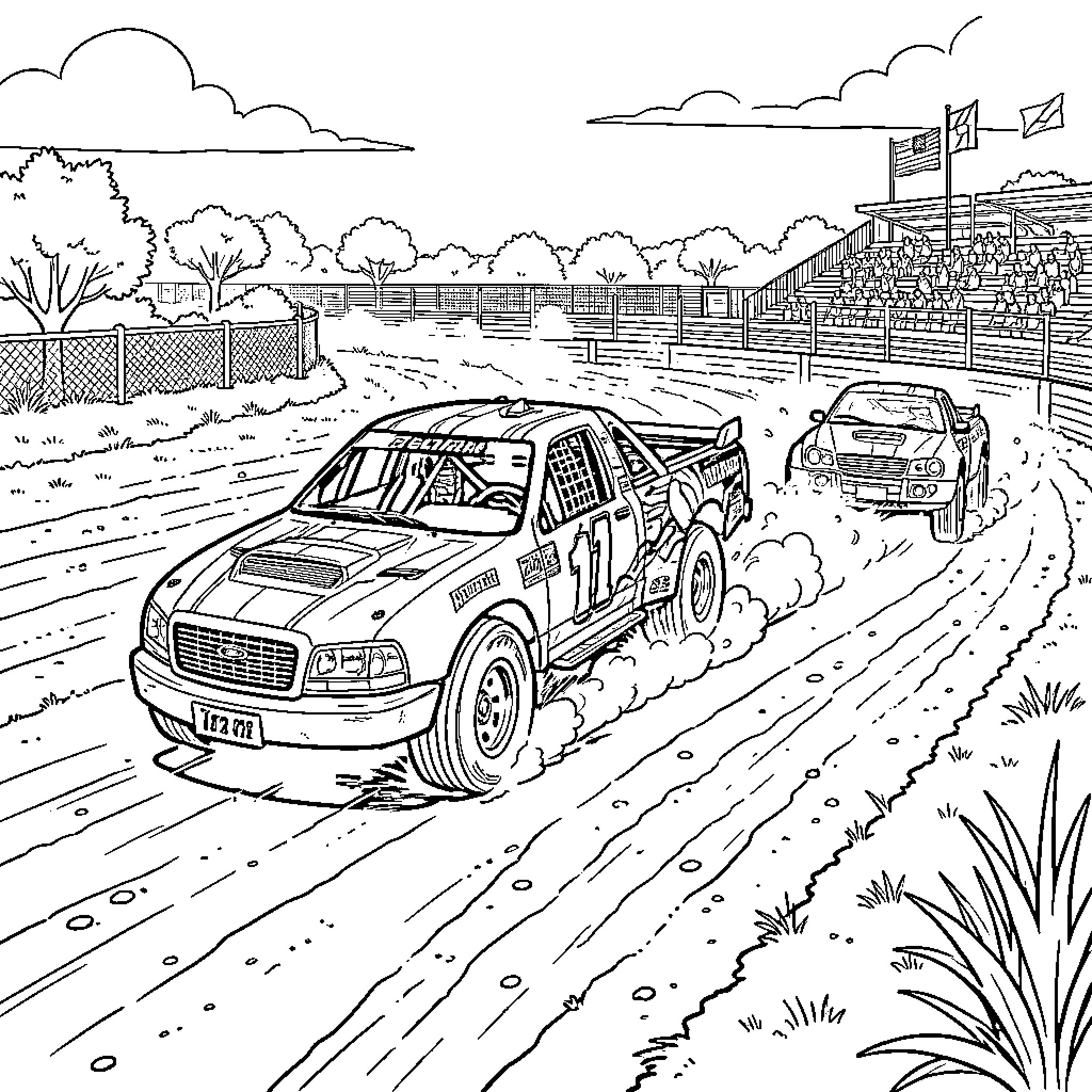 Truck racing fast on a muddy track Coloring Page (free black-and-white line drawing printable PDF for all, from beginners to advanced learners, including children, teens, adults, and seniors)