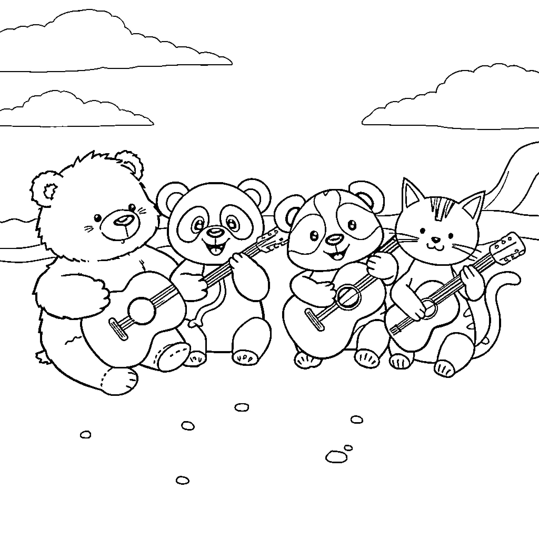 Animal Friends Singing and Playing Music Coloring Page (free black-and-white line drawing printable PDF for all, from beginners to advanced learners, including children, teens, adults, and seniors)