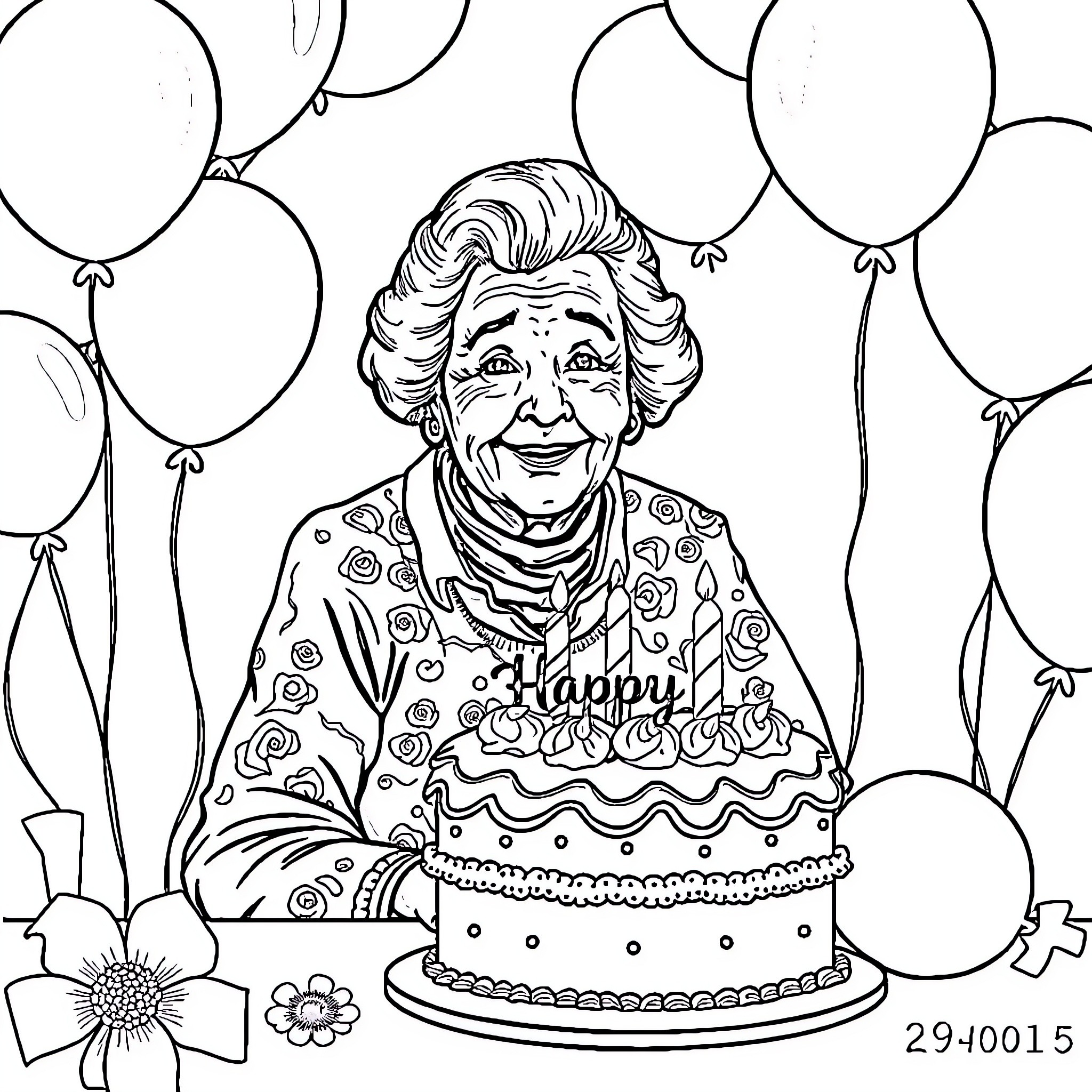 Lady Celebrating Birthday with Balloons and Cake Coloring Page (free black-and-white line drawing printable PDF for all, from beginners to advanced learners, including children, teens, adults, and seniors)