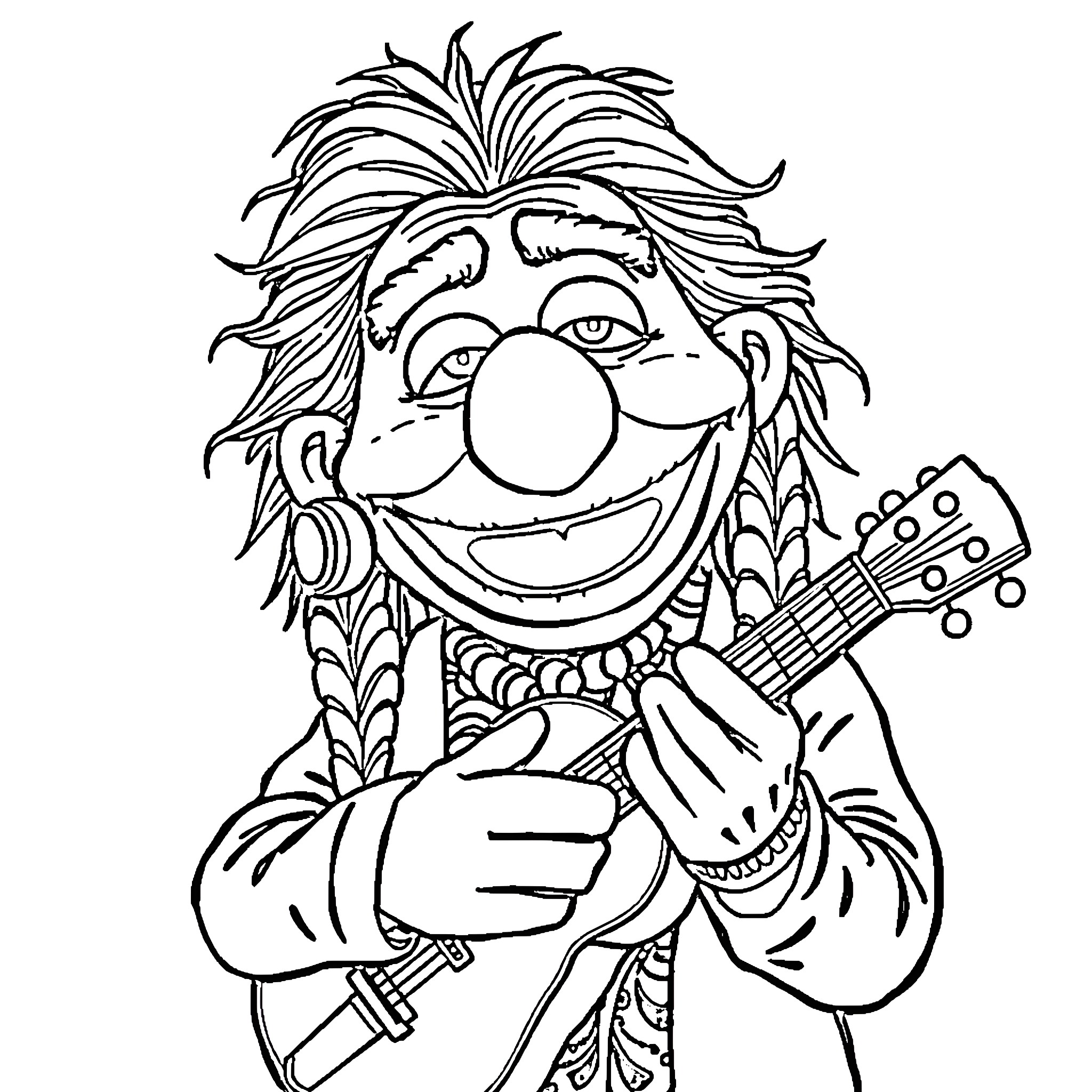 Willie Nelson playing guitar with joyful expression Coloring Page (free black-and-white line drawing printable PDF for all, from beginners to advanced learners, including children, teens, adults, and seniors)