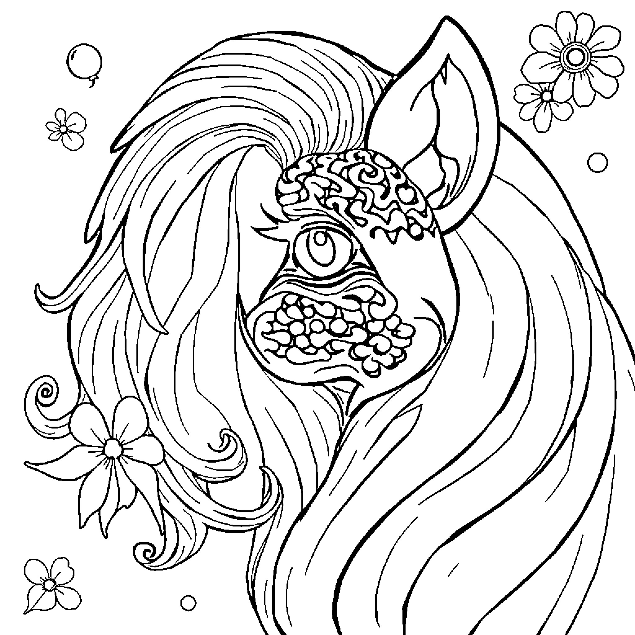 Face of Fantastical Floral Creature Coloring Page (free black-and-white line drawing printable PDF for all, from beginners to advanced learners, including children, teens, adults, and seniors)