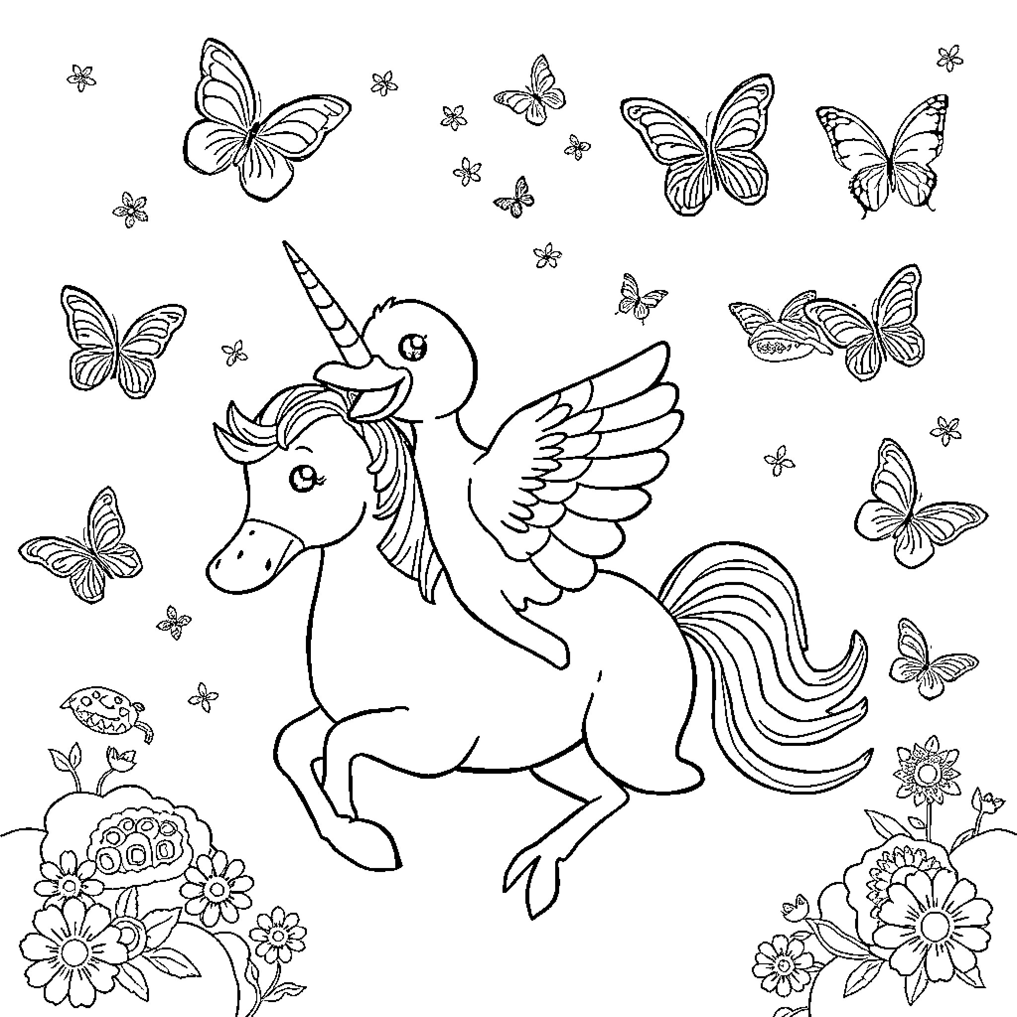 Duck Unicorn flying amidst butterflies and flowers Coloring Page (free black-and-white line drawing printable PDF for all, from beginners to advanced learners, including children, teens, adults, and seniors)