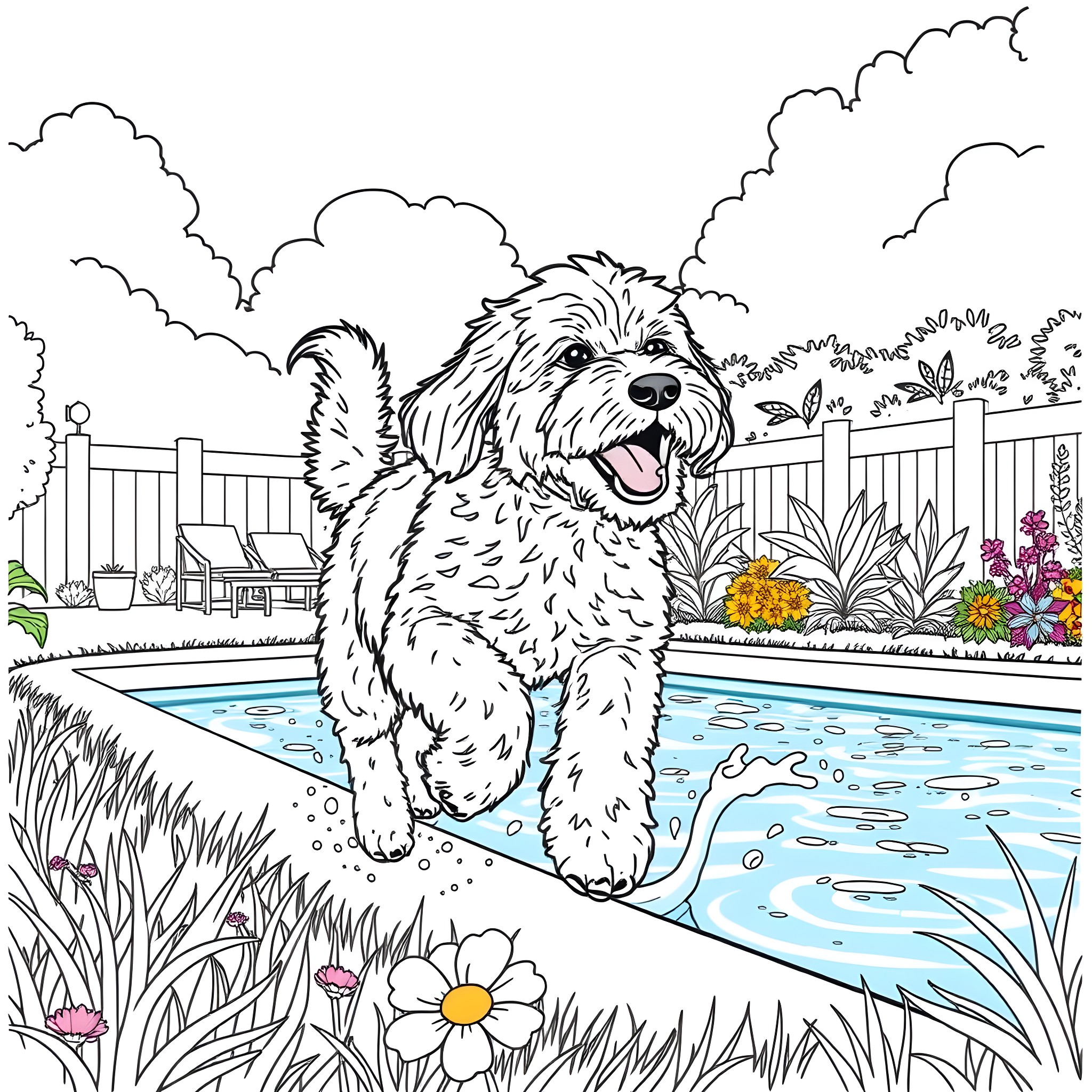 Dog playing happily in the backyard pool Coloring Page (free black-and-white line drawing printable PDF for all, from beginners to advanced learners, including children, teens, adults, and seniors)