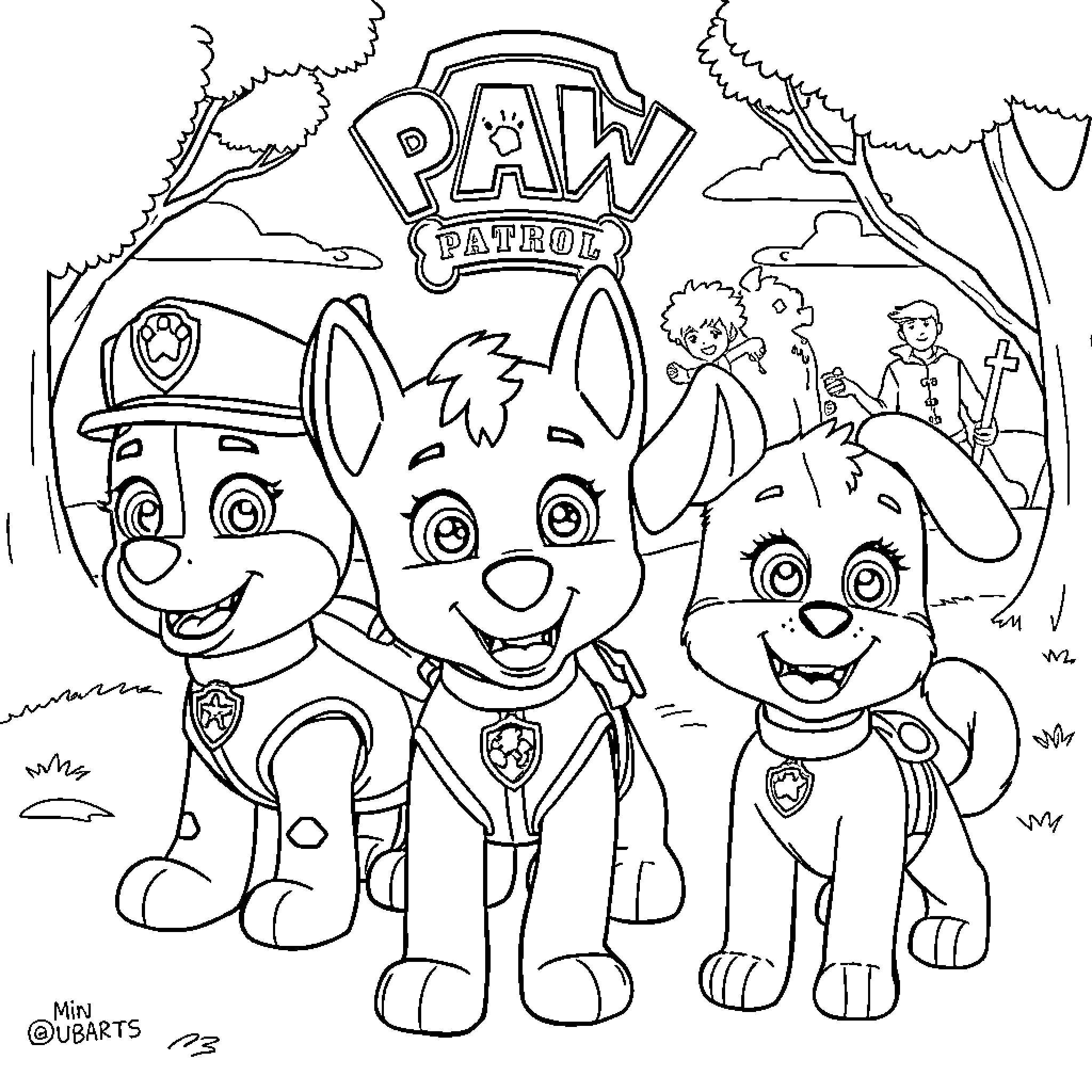 Paw Patrol characters enjoying outdoor adventure Coloring Page (free black-and-white line drawing printable PDF for all, from beginners to advanced learners, including children, teens, adults, and seniors)