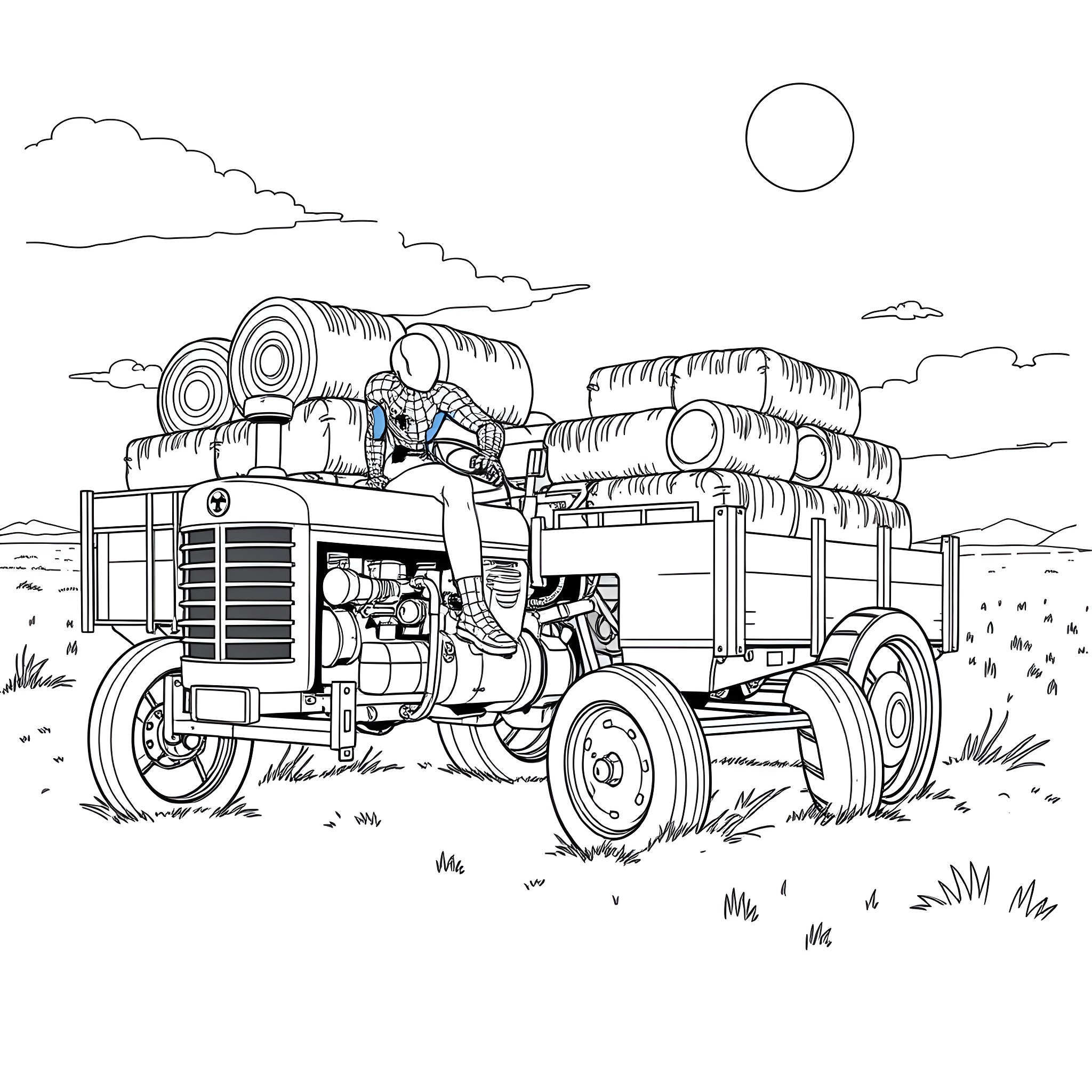 Spider-Man driving a massive tractor in the desert Coloring Page (free black-and-white line drawing printable PDF for all, from beginners to advanced learners, including children, teens, adults, and seniors)