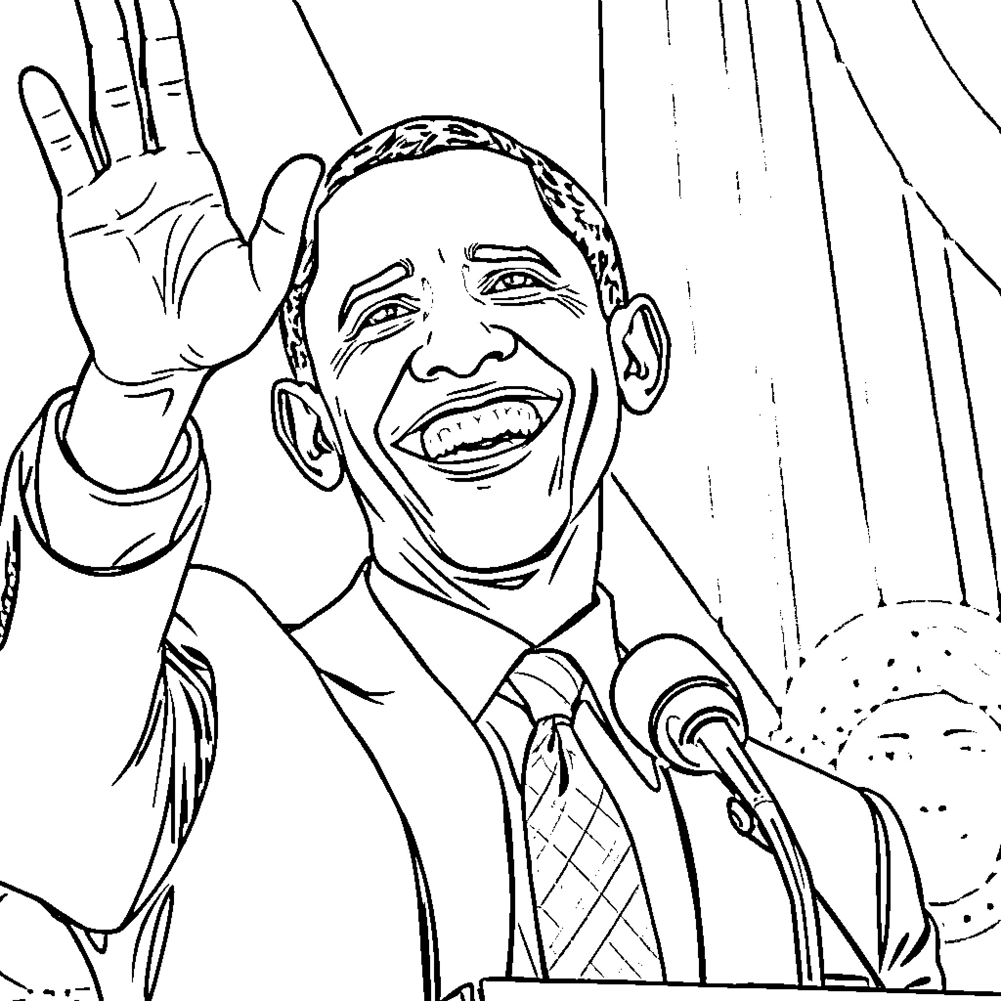 Obama giving a passionate speech on stage Coloring Page (free black-and-white line drawing printable PDF for all, from beginners to advanced learners, including children, teens, adults, and seniors)