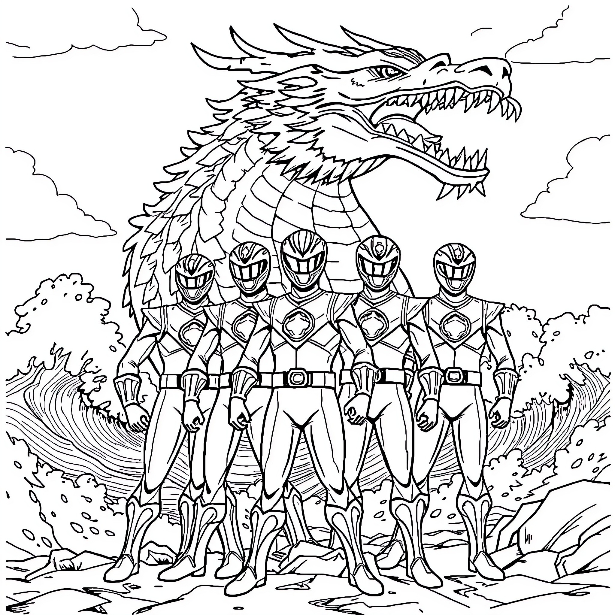 Power Rangers Defending Against Mighty Dragon Coloring Page (free black-and-white line drawing printable PDF for all, from beginners to advanced learners, including children, teens, adults, and seniors)