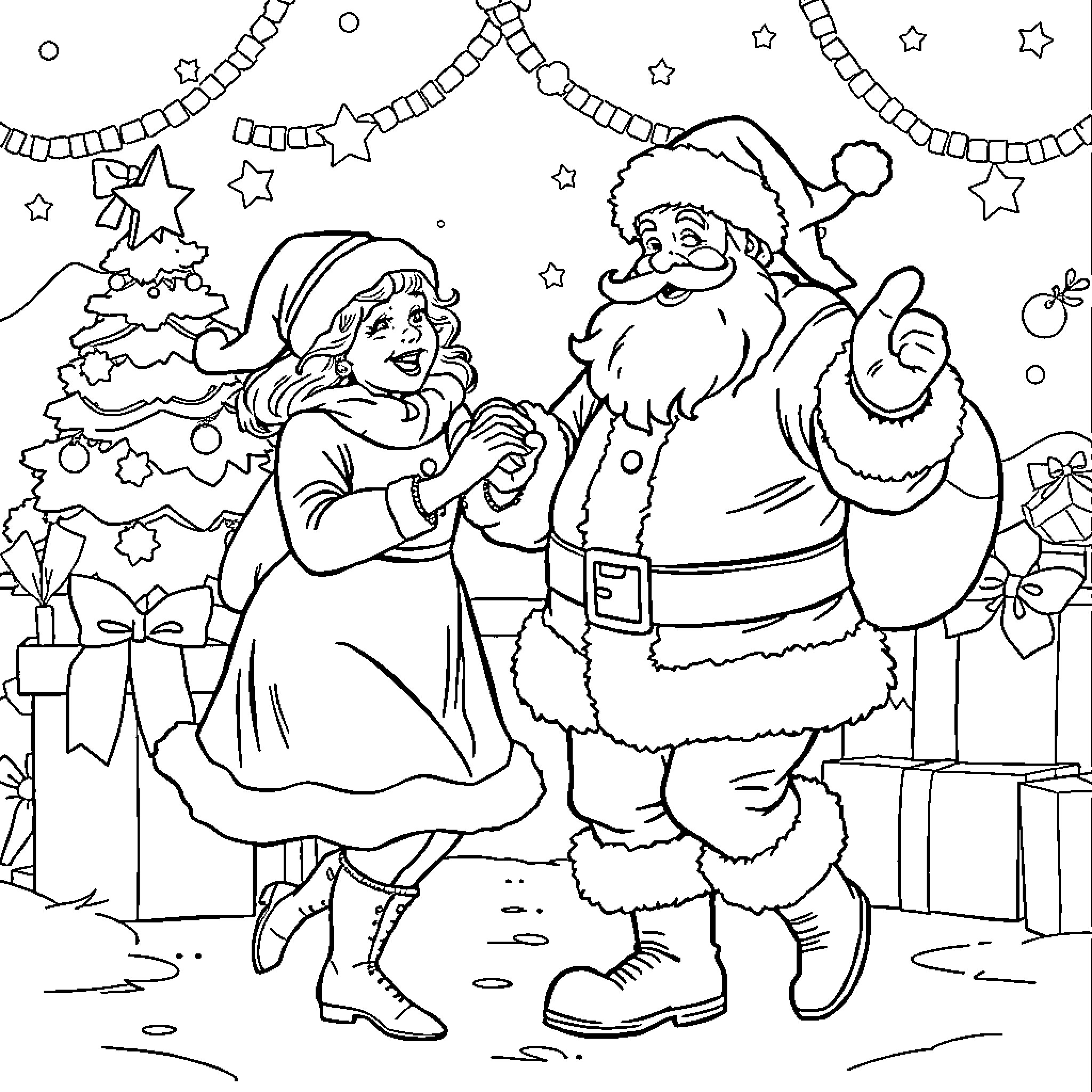 Santa Claus and Girl Celebrating Christmas Together Coloring Page (free black-and-white line drawing printable PDF for all, from beginners to advanced learners, including children, teens, adults, and seniors)